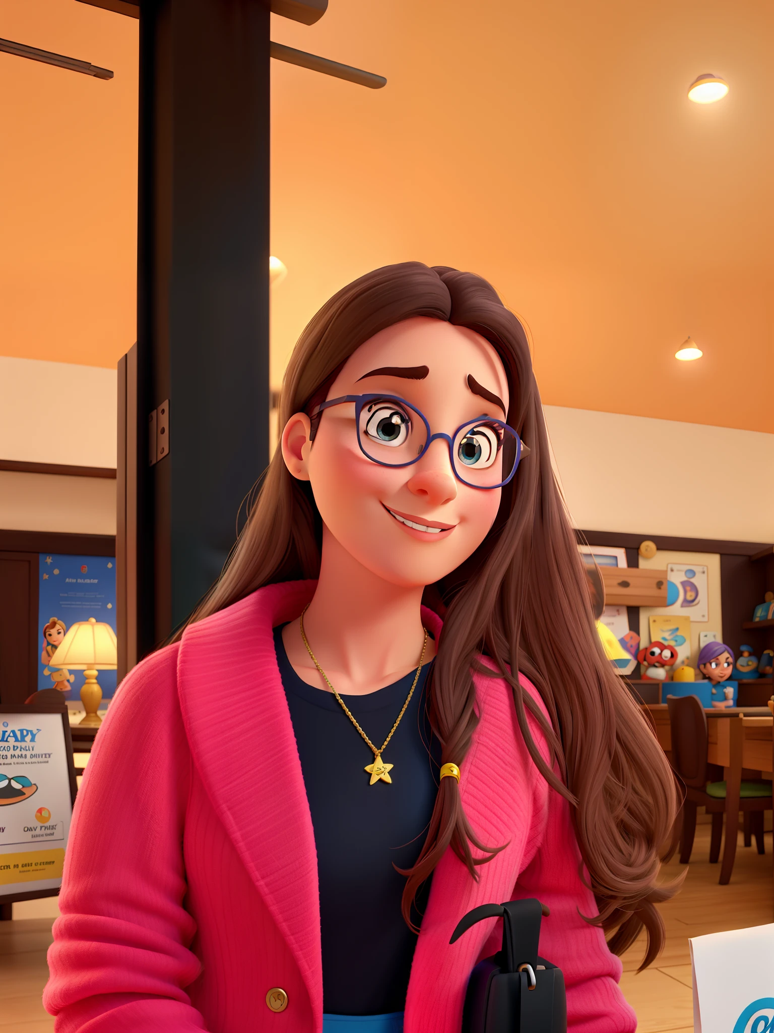 poster no estilo disney pixar, uma mulher branca de oculos, estilo disney pixar, alta qualidade, melhor qualidade