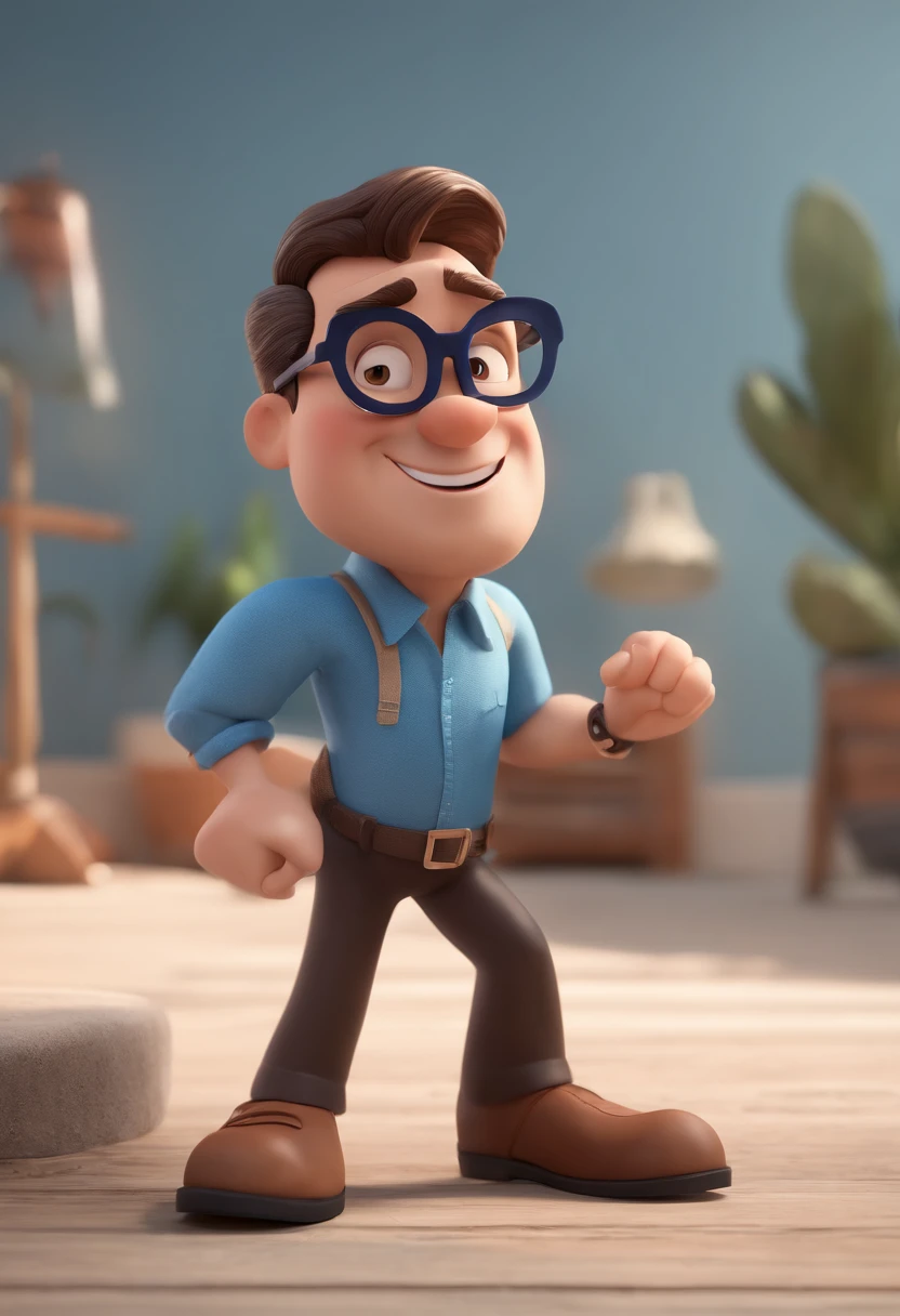 Cartoon character of a man with black glasses and a blue shirt, animation character, Caractere estilizado, animation style rendering, 3D estilizado, Arnold Maya render, 3 d render stylized, toon render keyshot, Personagem 3D, Personagem 3D, 3d rendering stylized, 3 d character render, personagem de desenho animado, Personagem de close up, Pose de personagem,  (Estilo Pixar) (master part:1.2) (Bokeh) (best quality) (pele detalhada) (textura detalhada) (8k) (argila) (Cinematic lighting) (foco nítido