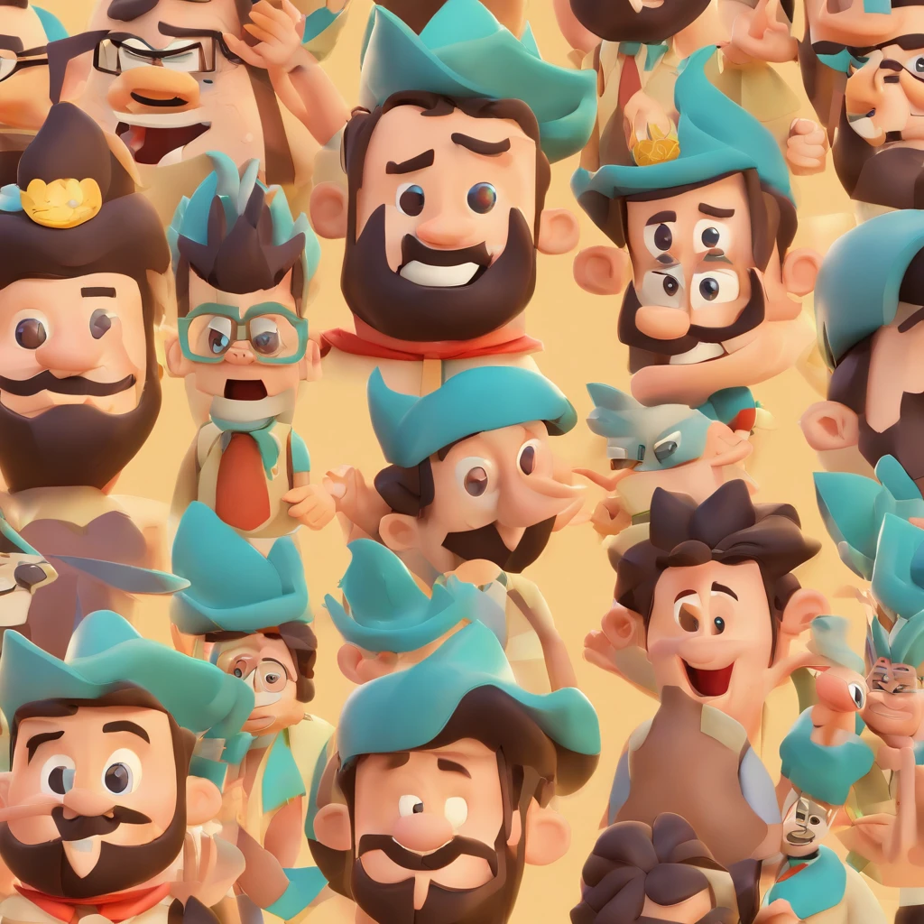Criar um personagem no estilo Pixar. Trata-se de um homem de 30 anos, forte e grande sorriso, com barba, Branco, com cabelos castanhos curtos e um quiff, e olhos castanhos. Ele deve estar na frente de um computador,