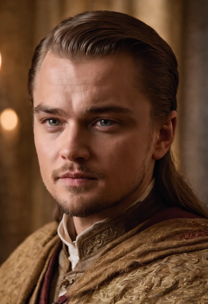 Jovem Leonardo DiCaprio, em torno de 17 anos, cabelos platinados, olhos violeta, mundo de game of thrones, casa Targaryen, ultra realista, foco, medieval, vestindo um sobretudo preto