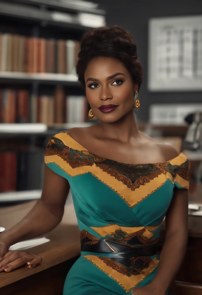 Mulher negra, 30 anos, Bank, linda, seios grandes, cintura fina e quadril largo, vestido social, office scenario, detalhado, ao estilo pixar