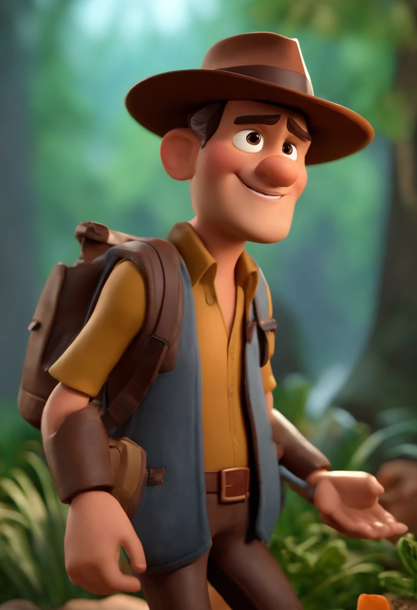 Pixar style character of a couple, the man with black glasses and hat, jovem, barba e cabelos escuros, olhos castanhos escuros, e uma camisa, carregando equipamentos de aventura com mochila nas costas, estilo indiana Jones, , com fundo de natureza, animation character, Caractere estilizado, animation style rendering, 3D estilizado, Arnold Maya render, 3 d render stylized, toon render keyshot, Personagem 3D, Personagem 3D, 3d rendering stylized, 3 d character render, personagem de desenho animado, Personagem de close up, Pose de personagem, (Estilo Pixar) (master part:1.2) (Bokeh) (melhor qualidade) (pele detalhada) (textura detalhada) (8k) (argila) (Cinematic lighting)
