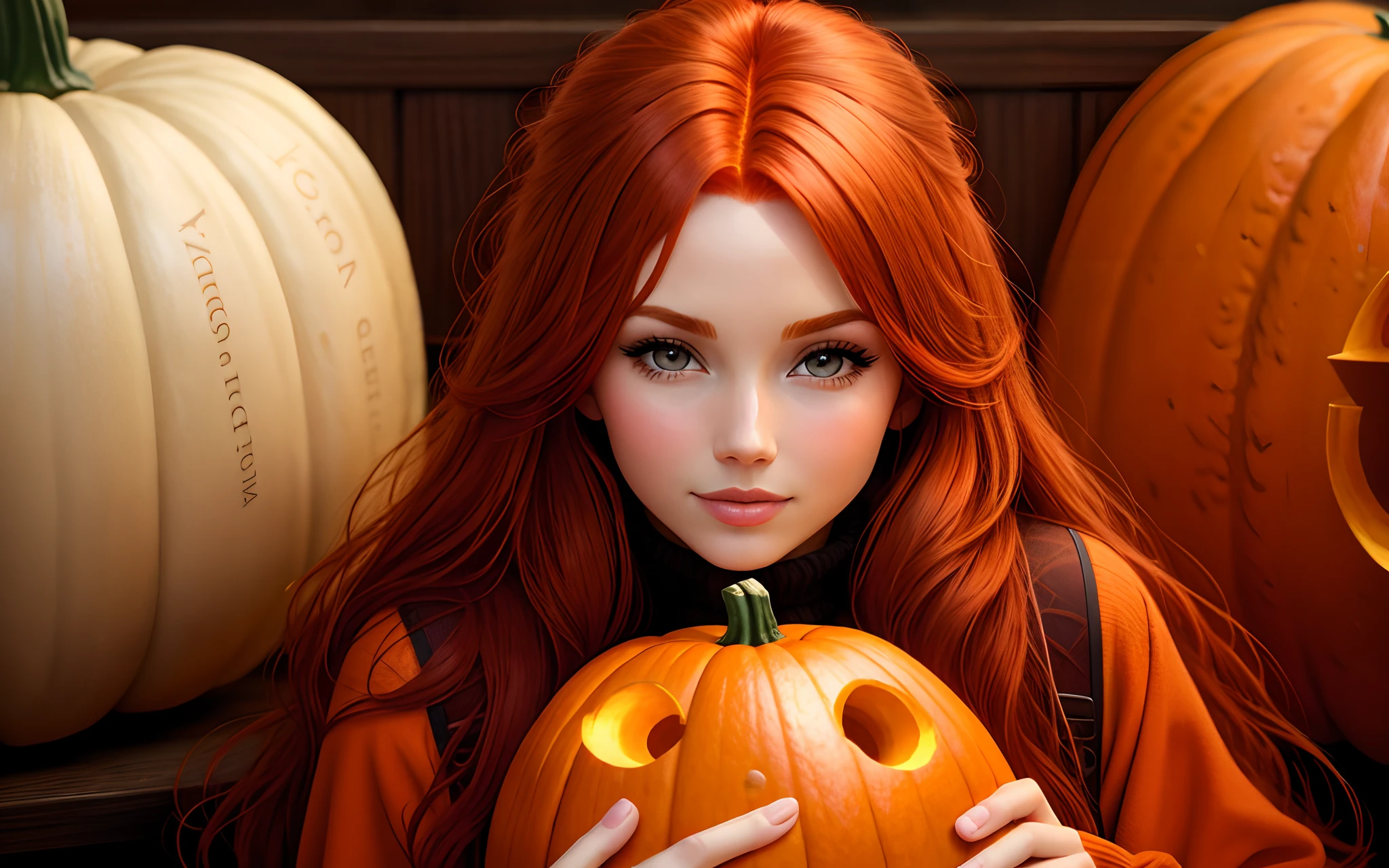 redhead holding a pumpkin close to her face