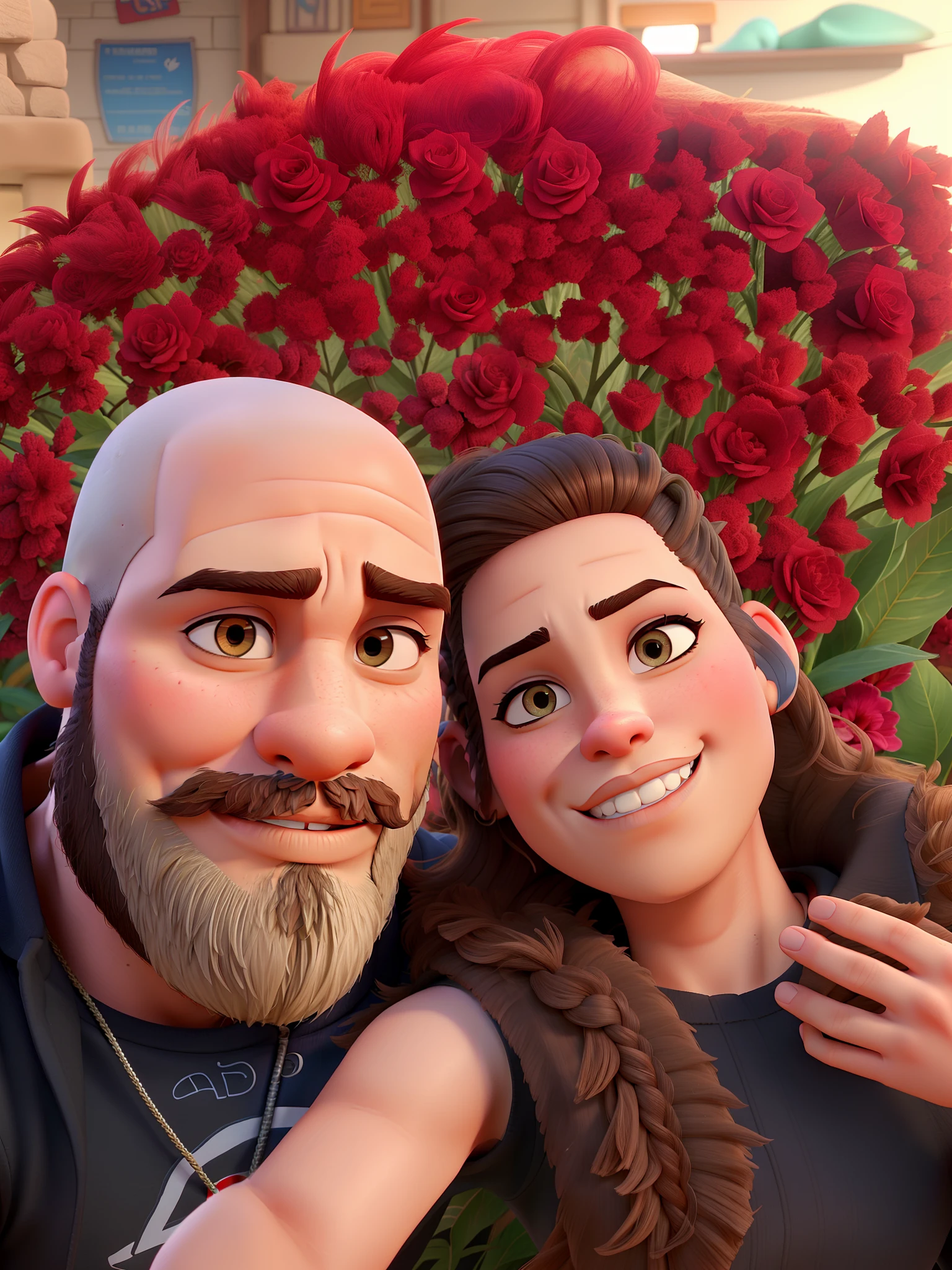 A man with a shaved head and a beard and a woman with full lips and sexy, estilo disney pixar, alta qualidade, melhor qualidade