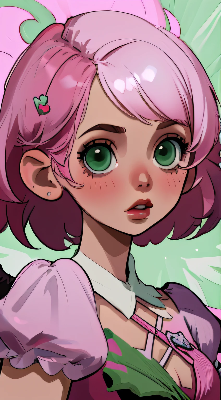 Alisa bosconovitch, melhor qualidade, contemporary, estilo plano, minimalismo, Green Eyes Flat Illustration, cabelo rosa, cabelo curto, cabelos multicoloridos, Camisa Preta, mechanical wings, Head Portrait Close-U, peito pontudo, decote, super decote, middlebreasts, Tekken,cabelo rosa pastel, 1girl, em quimono, hand-painted,Desenho de linha sem cor, colorida do yandere pastel, Tekken, Super cute pink hair girl with gothic makeup on the side, com roupa de empregada,figura esbelta,robusto,He sat on the floor,Vestido com roupas de empregada rosa e branco,cabelos muito curtos,com orelhas de gato,quadratic element,, kawaii cor-de-rosa na roupa da era de 1910, Alisa Bosconovich pink lips, no estilo da paleta de cores suave aurorapunk, an anime illustration of his face, gifs animados, hand drawn animation, charming sketches, suave e brilhante, romantismo nebuloso, Estilo Superflat, fundo branco - ar 1:1 - niji 5 - estilo expressivo --s 50 ,Pink kawaii girl in the era of 1920s clothesPink eagles, vestindo uma camisa branca brilhante, no estilo da paleta de cores suave aurorapunk, an anime illustration of his face, gifs animados, hand drawn animation, charming sketches, suave e brilhante, romantismo nebuloso, Estilo Superflat, fundo branco - ar 1:1 - niji 5 - estilo expressivo --s 50, Absurdo, Alto, ultra detalhados, (1girl:1.3), quebrar , Crie uma imagem com uma bela caligrafia