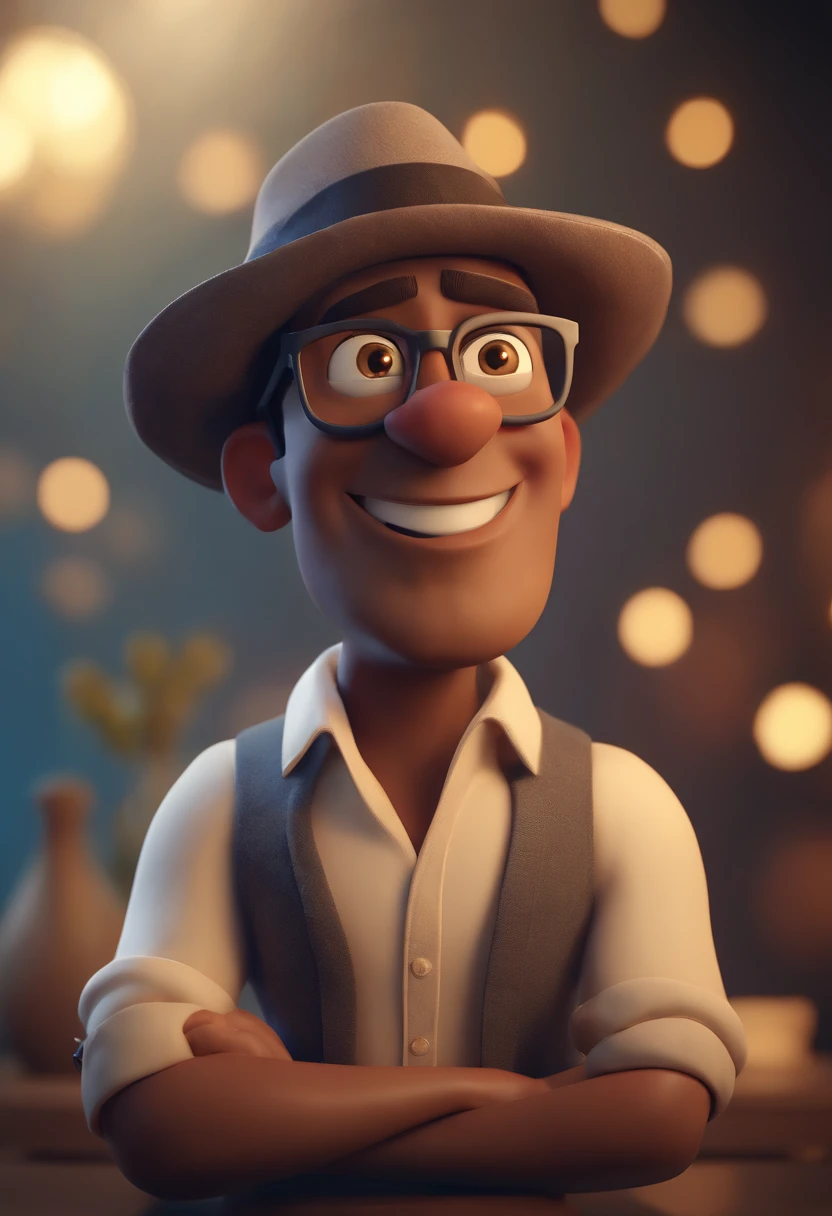 Cartoon character of a man wearing black glasses and a blue shirt, um personagem animado, Caractere estilizado, animation style rendering, 3D estilizado, Arnold Maya render, 3 d render stylized, toon render keyshot, Personagem 3D, Personagem 3D, 3d rendering stylized, 3 d character render, personagem de desenho animado, Personagem de close up, Pose de personagem,  (Estilo Pixar) (master part:1.2) (Bokeh) (best quality) (pele detalhada) (textura detalhada) (8k) (argila) (Cinematic lighting) (foco nítido