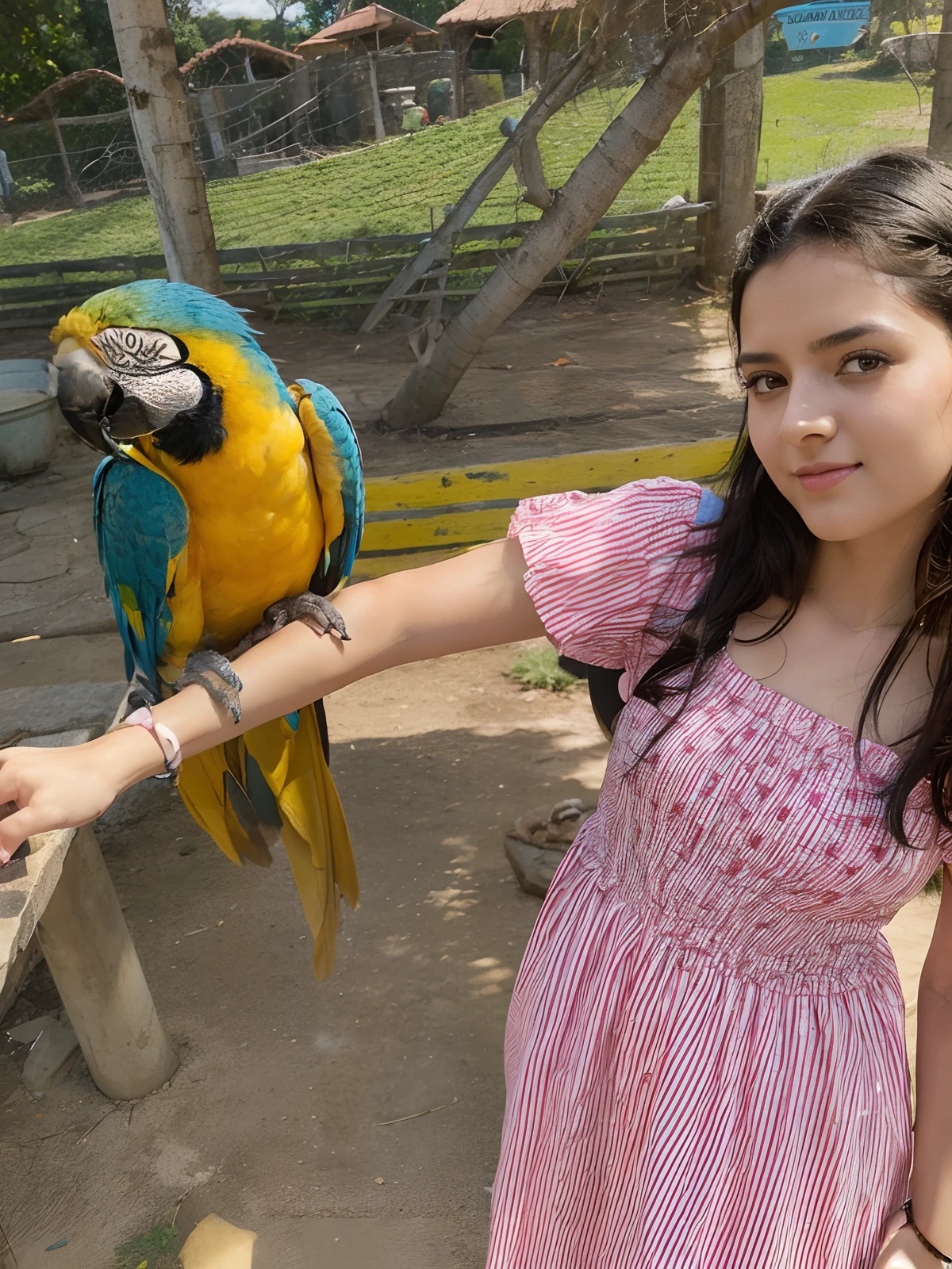 Personagem de desenho animado. Girl with black hair and pink dress holding a blue and yellow macaw on her arm . Disney Pixar Style Poster