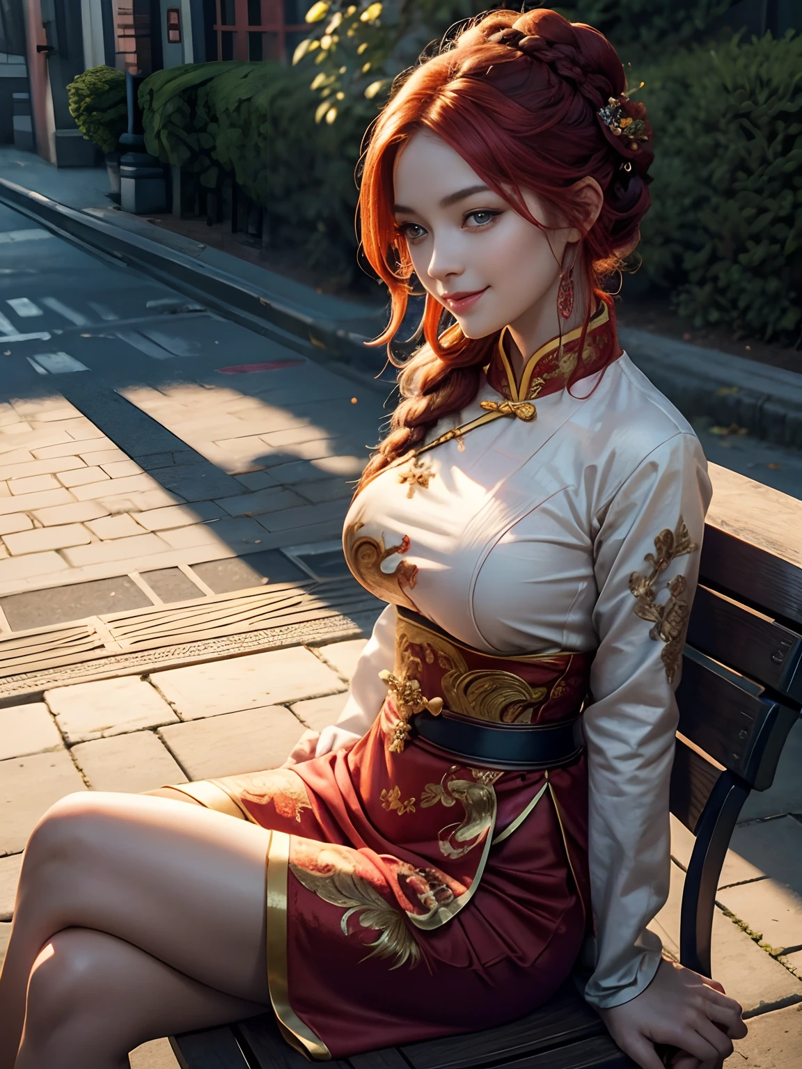 Dramatic lighting, deep shadows, natural colours, close up portrait, side view, young girl wearing chinese outfit with detailed ornate, sitting crossed legs on bench beside railway, exposed thigh, french braided red hair, dimple, detailed blue eyes, seductive smiling, laugh wide mouth open, slim fit body, big boobs, beauty face, morning on the street,