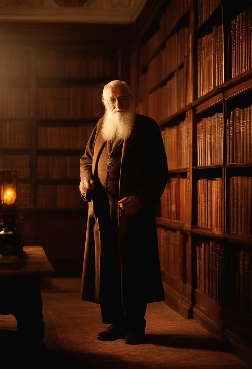 A wise old man standing in front, illuminated by the light of a lamp, against the backdrop of a library