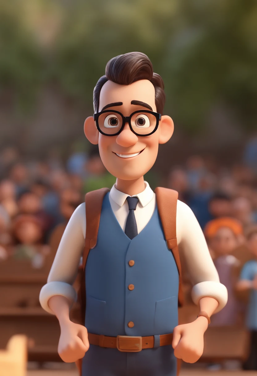 Cartoon character of a man with black glasses and a blue shirt, animation character, Caractere estilizado, animation style rendering, 3D estilizado, Arnold Maya render, 3 d render stylized, toon render keyshot, Personagem 3D, Personagem 3D, 3d rendering stylized, 3 d character render, personagem de desenho animado, Personagem de close up, Pose de personagem, (Estilo Pixar) (master part:1.2) (Bokeh) (best quality) (pele detalhada) (textura detalhada) (8k) (argila) (Cinematic lighting) (foco nítidoaraffes in a large room with a crowd of people, many people worshipping, large crowd, audience in the background, in a large hall, room is full of people, people enjoying the show, large hall, big hall, enthusiastic crowd, crowds of people praying, huge crowd, full room view, lots of people, massive crowd, big crowd