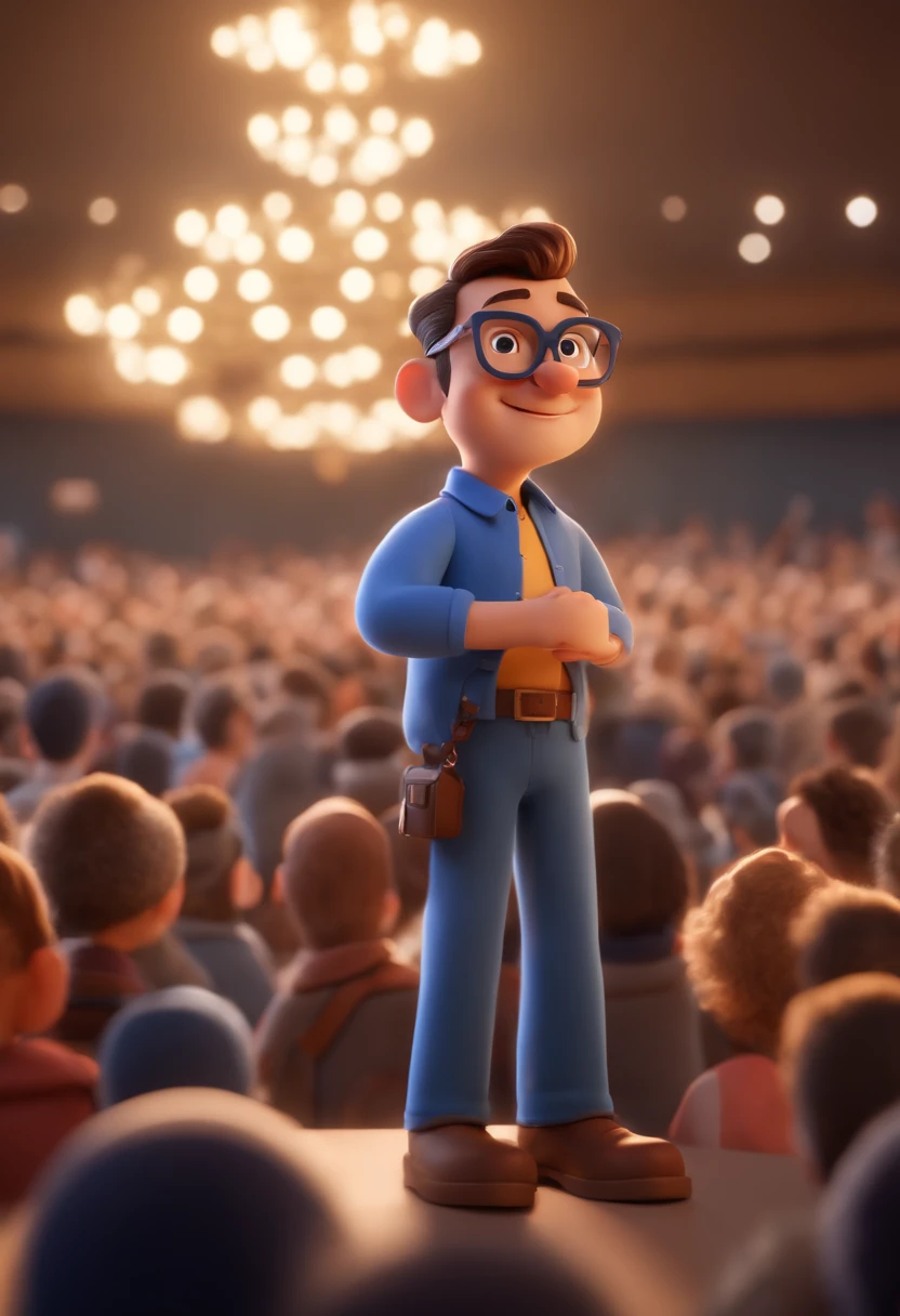 Cartoon character of a man with black glasses and a blue shirt, animation character, Caractere estilizado, animation style rendering, 3D estilizado, Arnold Maya render, 3 d render stylized, toon render keyshot, Personagem 3D, Personagem 3D, 3d rendering stylized, 3 d character render, personagem de desenho animado, Personagem de close up, Pose de personagem, (Estilo Pixar) (master part:1.2) (Bokeh) (best quality) (pele detalhada) (textura detalhada) (8k) (argila) (Cinematic lighting) (foco nítidoaraffes in a large room with a crowd of people, many people worshipping, large crowd, audience in the background, in a large hall, room is full of people, people enjoying the show, large hall, big hall, enthusiastic crowd, crowds of people praying, huge crowd, full room view, lots of people, massive crowd, big crowd