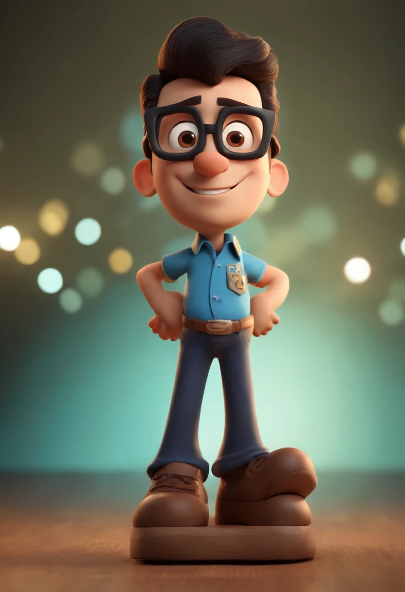 Cartoon character of a man wearing black glasses and a blue shirt, um personagem animado, Caractere estilizado, animation style rendering, 3D estilizado, Arnold Maya render, 3 d render stylized, toon render keyshot, Personagem 3D, Personagem 3D, 3d rendering stylized, 3 d character render, personagem de desenho animado, Personagem de close up, Pose de personagem, (Estilo Pixar) (master part:1.2) (Bokeh) (best quality) (pele detalhada) (textura detalhada) (8k) (argila) (Cinematic lighting) (foco nítido,Senta e vaza a parte superior do corpo