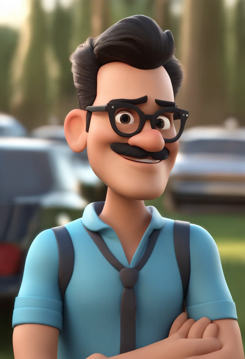 Cartoon character of a man wearing black glasses and a blue shirt, um personagem animado, Caractere estilizado, animation style rendering, 3D estilizado, Arnold Maya render, 3 d render stylized, toon render keyshot, Personagem 3D, Personagem 3D, 3d rendering stylized, 3 d character render, personagem de desenho animado, Personagem de close up, Pose de personagem, (Estilo Pixar) (master part:1.2) (Bokeh) (best quality) (pele detalhada) (textura detalhada) (8k) (argila) (Cinematic lighting) (foco nítido，Senta e vaza a parte superior do corpo