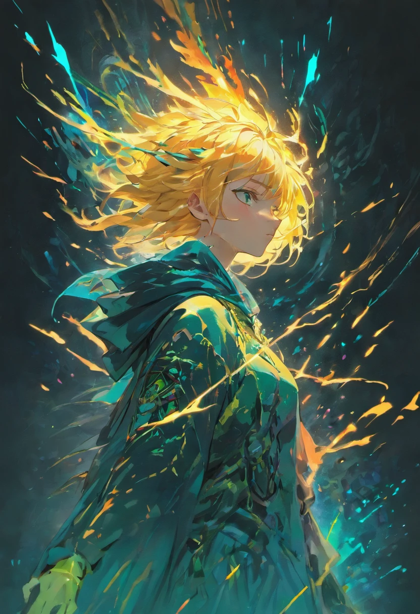 masterpiece, Rogue assassin girl, wearing a hood, blonde hair, shrouded in shadows, holding a flaming dagger in each hand, vibrant glowing abyssal colors, entirely in frame, FULL BODY, radiating electrical energy, shoulder length messy hair, Full body, Beautiful anime waifu style girl, hyperdetailed painting, luminism, art by Carne Griffiths and Wadim Kashin concept art, 8k resolution, fractal isometrics details bioluminescence , 3d render, octane render, intricately detailed , cinematic, trending on art station Isometric Centered hyper realistic cover photo awesome full color, hand drawn , gritty, realistic, intricate, hit definition , cinematic, Rough sketch, bold lines, on paper, vibrant, epic, ultra high quality model