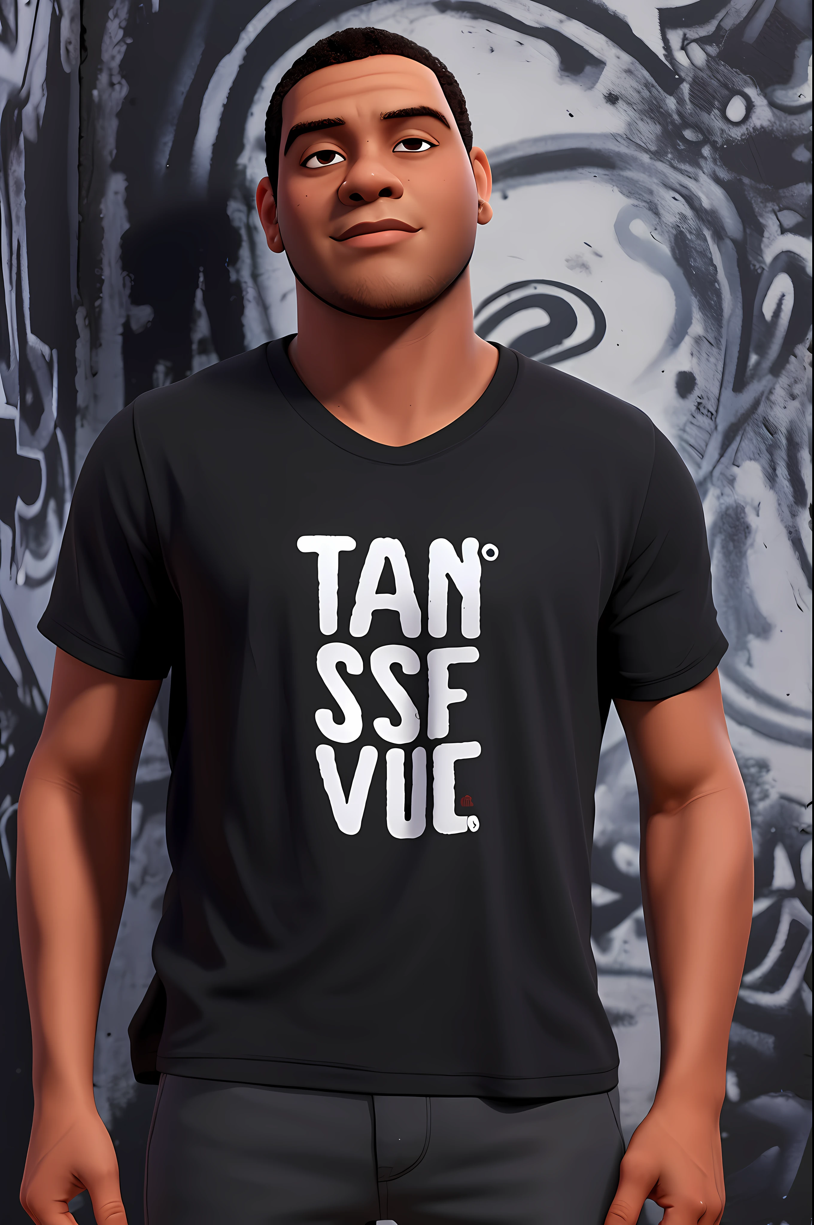 Black man standing in front of a wall covered in graffiti, he is wearing a black t-shirt, vestindo uma camiseta preta, vestindo uma camiseta preta, vestindo camiseta preta, camiseta preta, vestindo uma camisa preta, Retrato no meio da foto, T-shirt preta, camiseta preta, Foto de um ensaio promocional, standing with a black background, Disney estilo Pixar em 3D