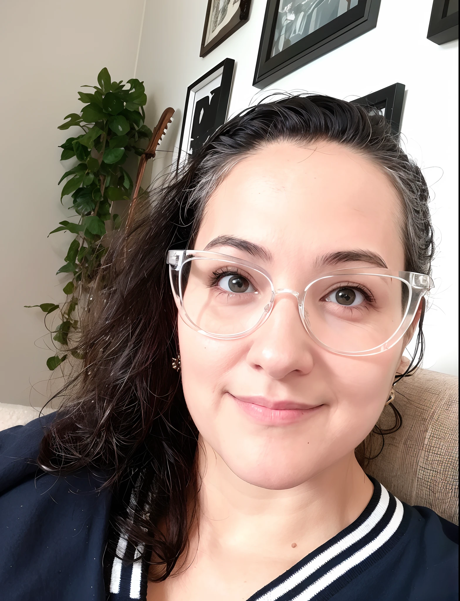 There's a woman with glasses sitting on a couch, imagem de perfil, wearing thin large round glasses, wearing black rimmed glasses, staring directly at camera, wearing square glasses, inspired by Verónica Ruiz de Velasco, wearing small round glasses, wearing black frame glasses, staring directly at camera, wearing reading glasses, retrato frontal, inspired by Gina Pellón