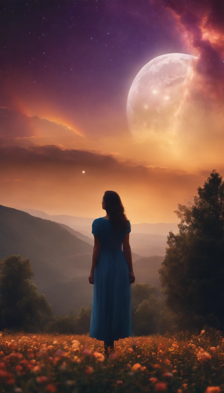 A wide landscape photo, (viewed from below, the sky is above, and the open field is below), a girl standing on a flower field looking up, (full moon: 1.2), (meteor: 0.9), (nebula: 1.3), distant mountains , Trees BREAK Crafting Art, (Warm Light: 1.2), (Firefly: 1.2), Lights, Lots of Purple and Orange, Intricate Details, Volumetric Lighting BREAK (Masterpiece: 1.2), (Best Quality), 4k, Ultra Detailed, (Dynamic Composition: 1.4), Rich in Detail and Color, (Rainbow Color: 1.2), (Glow, Atmospheric Lighting), Dreamy, Magical, (Solo: 1.2)