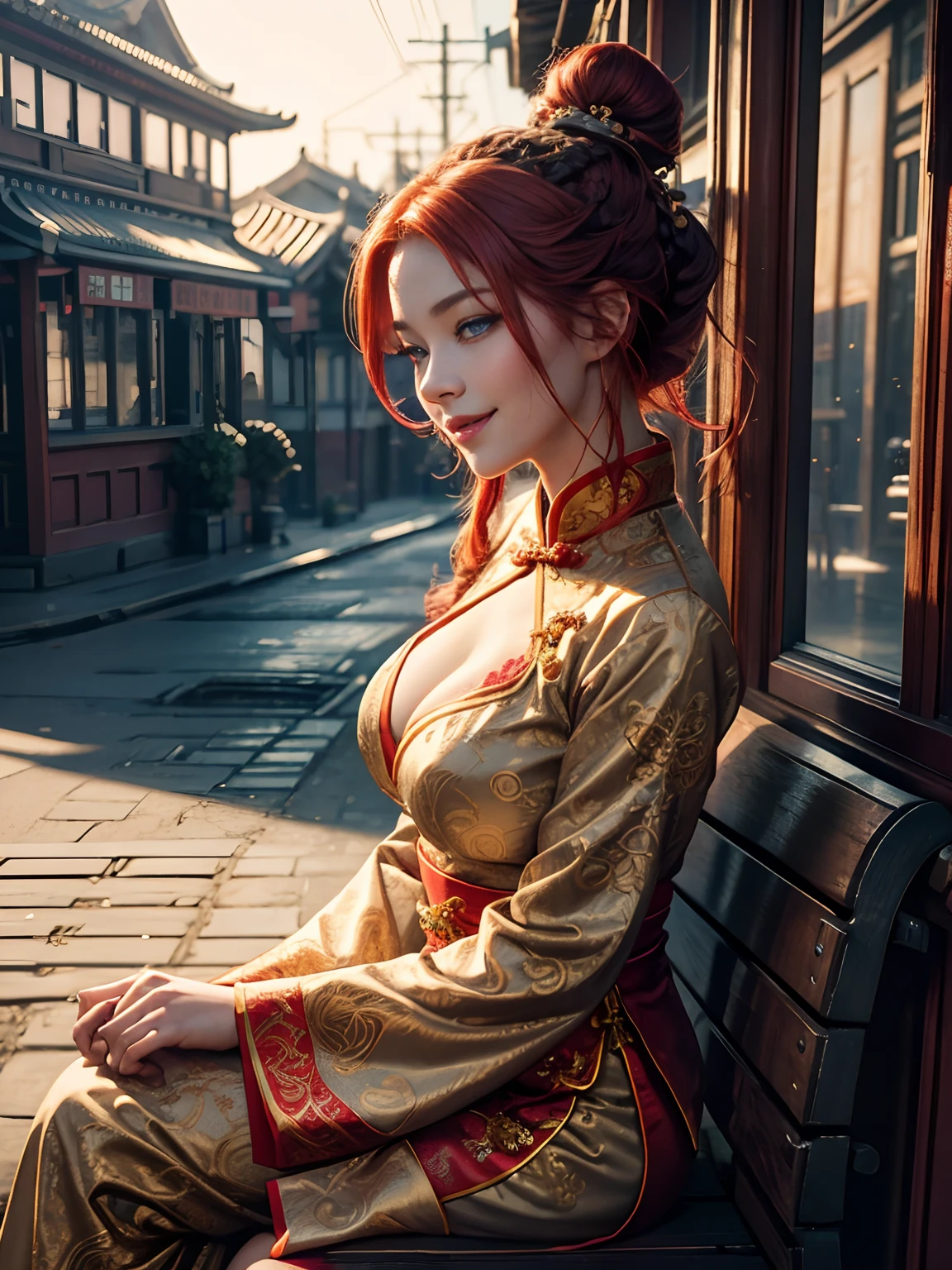 Dramatic lighting, deep shadows, natural colours, close up portrait, side view, young girl wearing chinese outfit with detailed ornate, sitting crossed legs on bench beside railway, exposed thigh, french braided red hair, dimple, detailed blue eyes, seductive smiling, laugh wide mouth open, slim fit body, big boobs, beauty face, morning on the street,