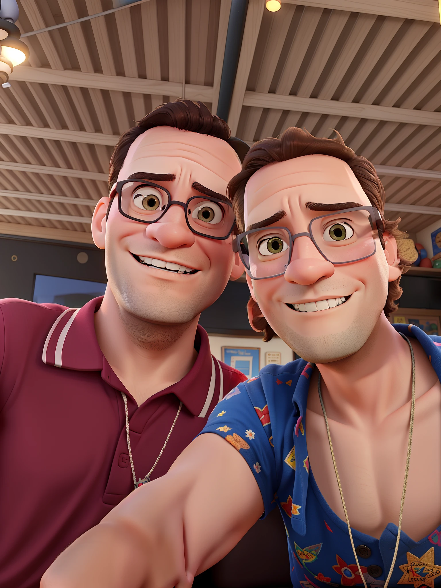 42-year-old man and 6--old ghter with glasses, Disney Pixar poster style in high resolution