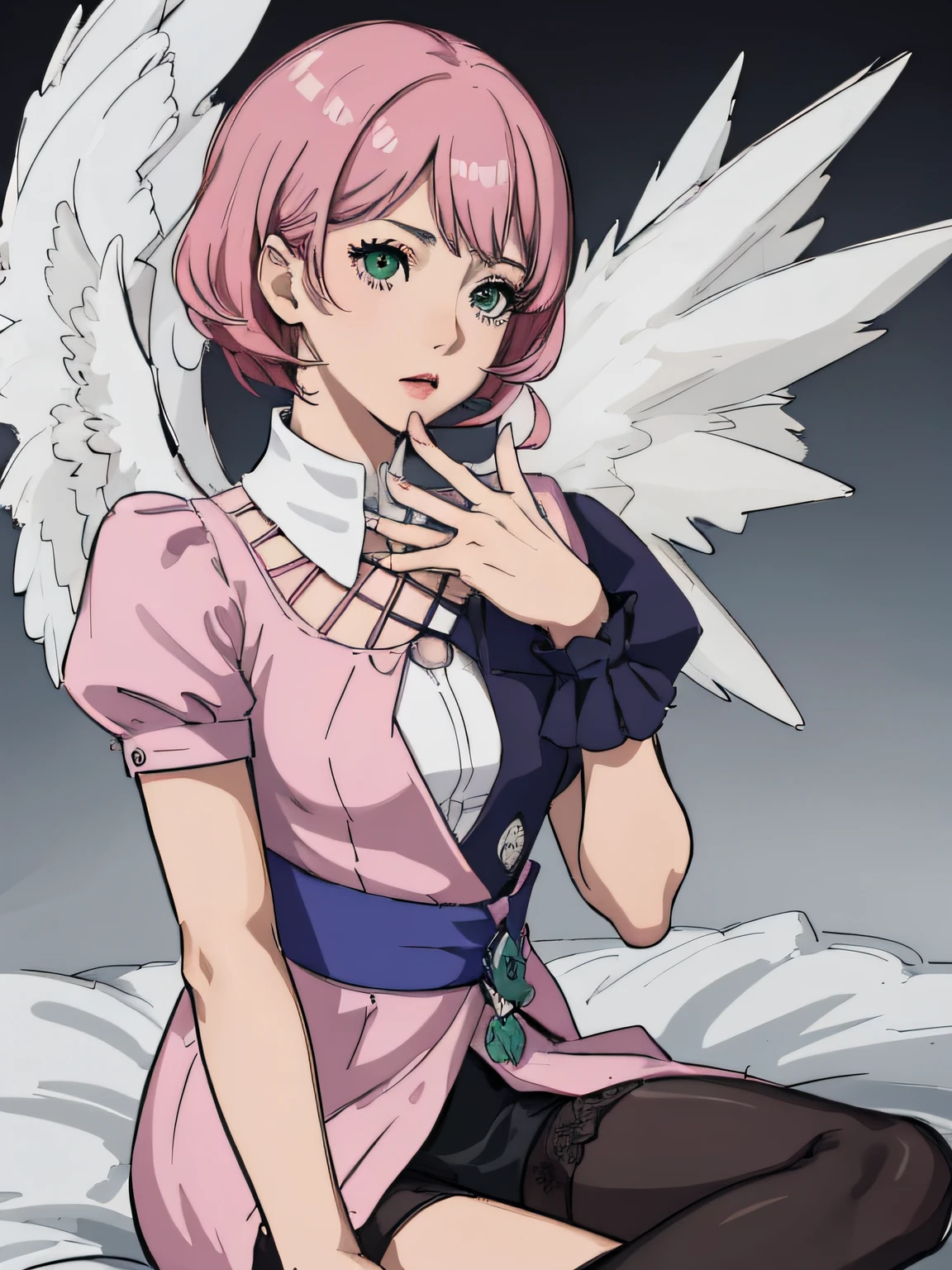 Alisa bosconovitch, melhor qualidade, contemporary, estilo plano, minimalismo, Green Eyes Flat Illustration, cabelo rosa, cabelo curto, cabelos multicoloridos, Camisa Preta, mechanical wings, Head Portrait Close-U, peito pontudo, decote, super decote, middlebreasts, Tekken，cabelo rosa pastel, 1girl, em quimono, hand-painted，Desenho de linha sem cor, colorida do yandere pastel, Tekken, Super cute pink hair girl with gothic makeup on the side, com roupa de empregada，figura esbelta，robusto，He sat on the floor，Vestido com roupas de empregada rosa e branco，cabelos muito curtos，com orelhas de gato，quadratic element，, kawaii cor-de-rosa na roupa da era de 1910, Alisa Bosconovich pink lips, no estilo da paleta de cores suave aurorapunk, an anime illustration of his face, gifs animados, hand drawn animation, charming sketches, suave e brilhante, romantismo nebuloso, Estilo Superflat, fundo branco - ar 1:1 - niji 5 - estilo expressivo --s 50 ,Pink kawaii girl in the era of 1920s clothesPink eagles, vestindo uma camisa branca brilhante, no estilo da paleta de cores suave aurorapunk, an anime illustration of his face, gifs animados, hand drawn animation, charming sketches, suave e brilhante, romantismo nebuloso, Estilo Superflat, fundo branco - ar 1:1 - niji 5 - estilo expressivo --s 50, Absurdo, Alto, ultra detalhados, (1girl:1.3), quebrar , Crie uma imagem com uma bela caligrafia