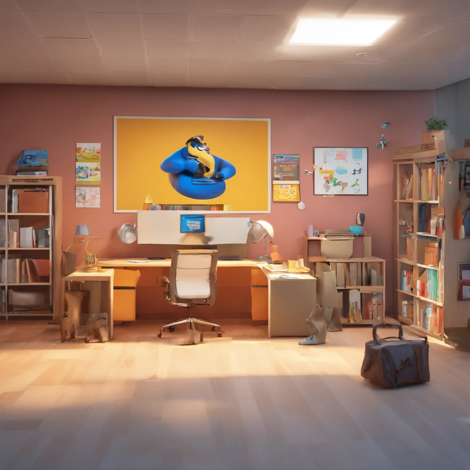 Crie um cartaz inspirado na Disney Pixar com uma diretora de escola loira, magra, medium straight hair, Character in an office with a flag on the ceiling