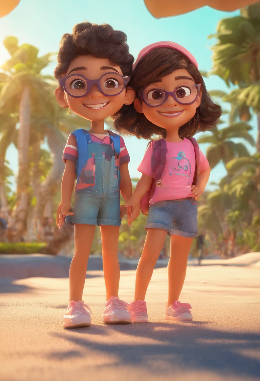 An illustration of two girls. A brunette girl with rounded glasses, sorridente e com cabelos cacheados na altura dos ombros, e a outra morena com olhos caidos e cabelo cacheado na altura dos quadris. They're on a beach, cada uma com um sorriso no rosto, e compartilhar um momento especial caracterizado pelo amor, Insights. Illustrate this scene from a perspective where they are facing the camera, Smiling and Showing Your Connection. Desenvolva esta arte em Full HD, Focus on your cinematic touch, Estilo Disney Pixar Animations