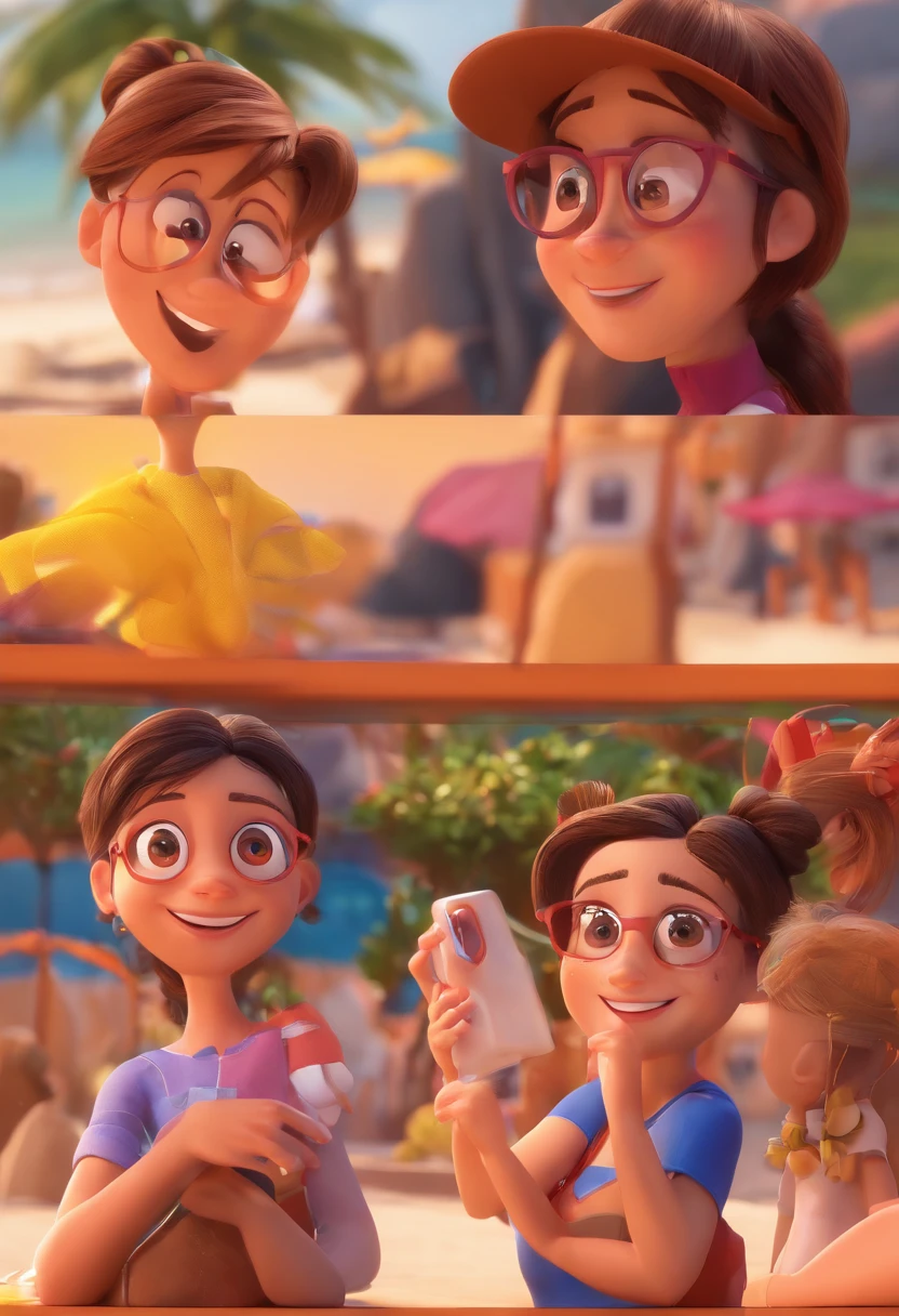 An illustration of two girls. A brunette girl with rounded glasses, sorridente e com cabelos cacheados na altura dos ombros, e a outra morena com olhos caidos e cabelo cacheado na altura dos quadris. They're on a beach, cada uma com um sorriso no rosto, e compartilhar um momento especial caracterizado pelo amor, Insights. Illustrate this scene from a perspective where they are facing the camera, Smiling and Showing Your Connection. Desenvolva esta arte em Full HD, Focus on your cinematic touch, Estilo Disney Pixar Animations