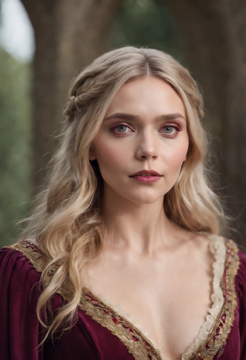 Young Elizabeth Olsen, platinum hair, purples eyes, red and golden dress, absolutely beautiful, medieval lady, ultra realistic, focus