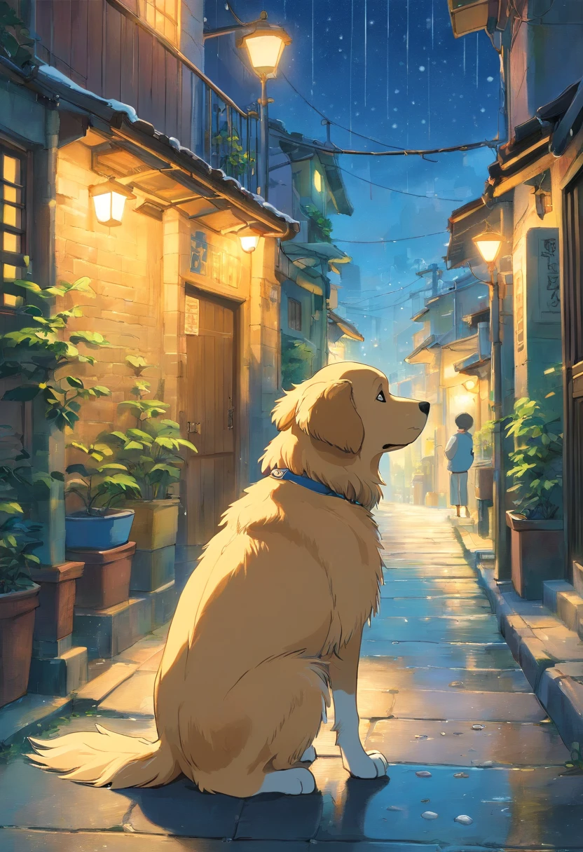 obra prima、Golden Retriever waiting for its owner、It's snowing、Favelas escuras、Grande lixeira de ferro、Street lighting without lights、Lixo espalhado