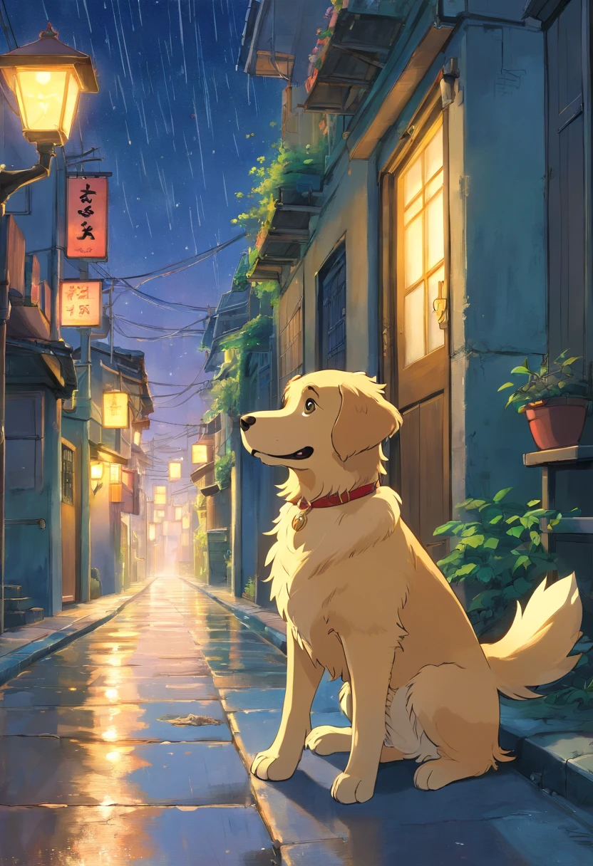 obra prima、Golden Retriever waiting for its owner、It's snowing、Favelas escuras、Grande lixeira de ferro、Street lighting without lights、Lixo espalhado