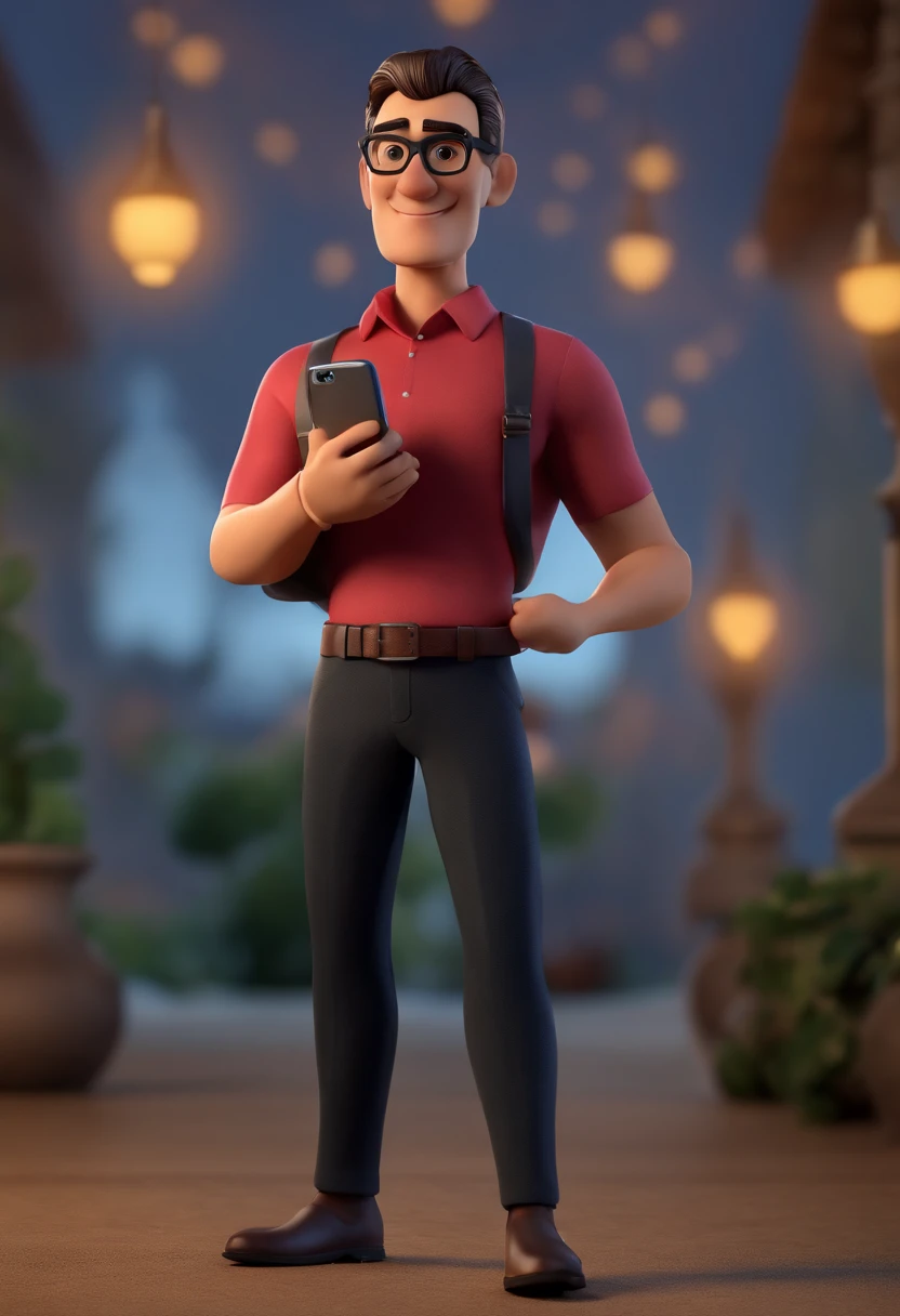 Cartoon character of a man with black glasses, oriental eyes and a black turtleneck shirt, Pants with black belt and cell phone in hand , animation character, Caractere estilizado, animation style rendering, 3D estilizado, Arnold Maya render, 3 d render stylized, toon render keyshot, Personagem 3D, Personagem 3D, 3d rendering stylized, 3 d character render, personagem de desenho animado, Personagem de close up, Pose de personagem, (Estilo Pixar) (master part:1.2) (Bokeh) (best quality) (pele detalhada) (textura detalhada) (8k) (argila) (Cinematic lighting) (foco nítido