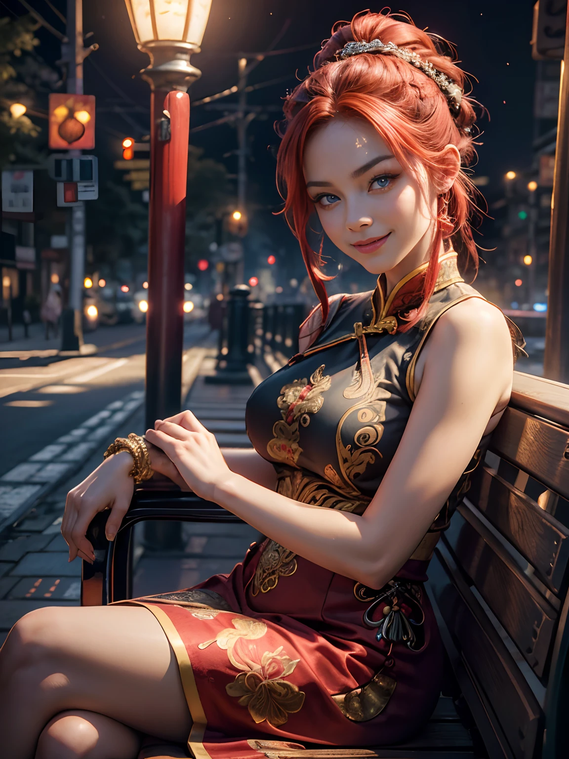 Dramatic lighting, deep shadows, natural colours, close up portrait, side view, young girl wearing chinese outfit with detailed ornate, sitting crossed legs on bench beside railway, exposed thigh, french braided red hair, dimple, detailed blue eyes, seductive smiling, laugh wide mouth open, slim fit body, big boobs, beauty face, morning on the street,