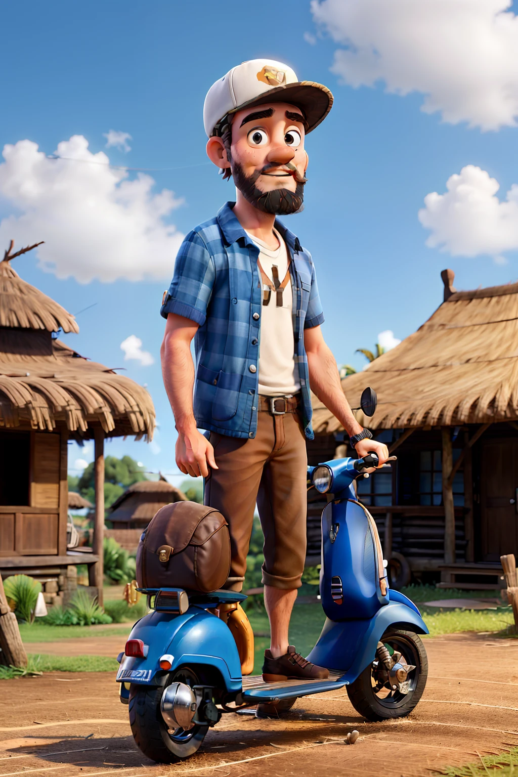 25 year old man standing next to vespa in front of nameplate, thatched roof, rusty vespa, blue shirt, snapback, old house, 3d animation,
thatched roof nameplate, nameplate "DESA SADE LOMBOK", beard, vespa white