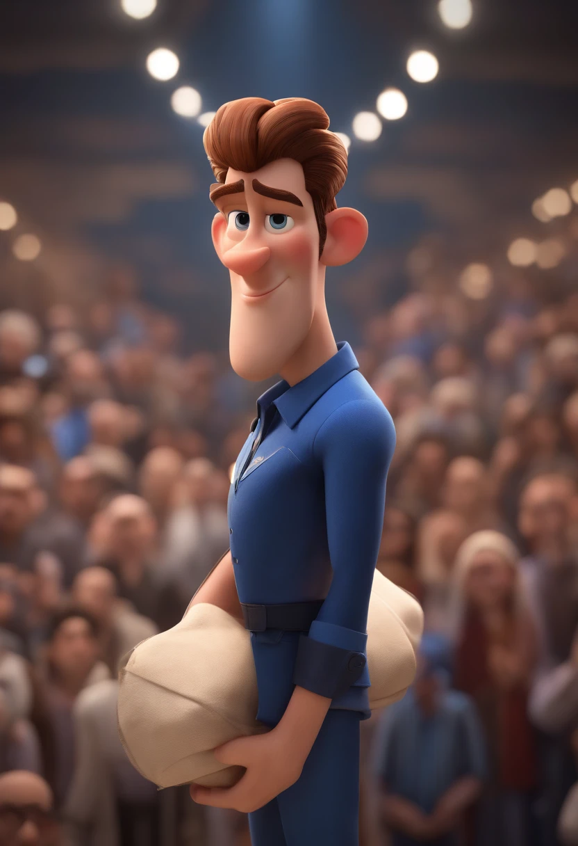Personagem de desenho animado de um homem de cabelos brancos  e camisa azul, animation character, Caractere estilizado, animation-style rendering, 3D estilizado, render Arnold Maya, render 3D estilizado, toon render keyshot, Personagem 3D, Personagem 3D, 3d rendering stylized, 3D character rendering, personagem de desenho animado, Personagem de close up, Pose de personagem, (Estilo Pixar) (parte mestre:1.2) (Bokeh) (melhor qualidade) (pele detalhada) (textura detalhada) (8k) (argila) (cinematic lighthing) (Sharp focus araffes in a large room with a crowd of people, muitas pessoas adorando, large crowd, audience in the background, in a large hall, Room is full of people, pessoas apreciando o show, grand hall, grand hall, enthusiastic crowd, Crowds of people praying, Huge crowd, vista completa da sala, muitas pessoas, massive crowd, large crowd