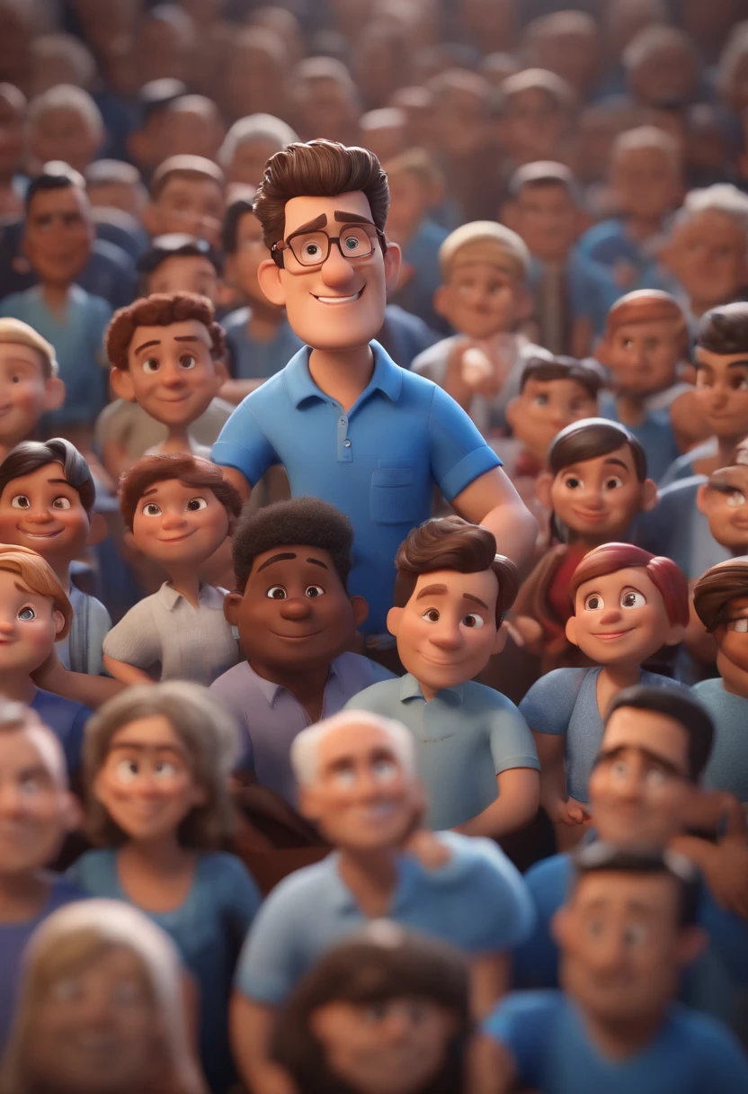 Personagem de desenho animado de um homem de cabelos brancos e camisa azul, animation character, Caractere estilizado, animation-style rendering, 3D estilizado, render Arnold Maya, render 3D estilizado, toon render keyshot, Personagem 3D, Personagem 3D, 3d rendering stylized, 3D character rendering, personagem de desenho animado, Personagem de close up, Pose de personagem, (Estilo Pixar) (parte mestre:1.2) (Bokeh) (melhor qualidade) (pele detalhada) (textura detalhada) (8k) (argila) (cinematic lighthing) (Sharp focus araffes in a large room with a crowd of people, muitas pessoas adorando, large crowd, audience in the background, in a large hall, Room is full of people, pessoas apreciando o show, grand hall, grand hall, enthusiastic crowd, Crowds of people praying, Huge crowd, vista completa da sala, muitas pessoas, massive crowd, large crowd