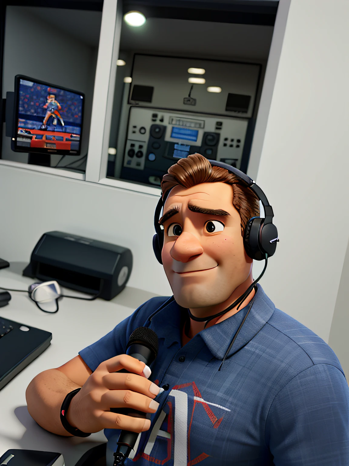 homem 40 anos, in a radio booth in a football stadium, with headset in ear and microphone in hand