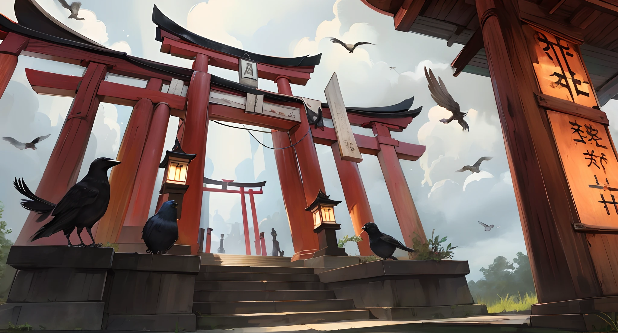 black-and-white、shrines、torii gate、stairway、bamboo forrest、crows