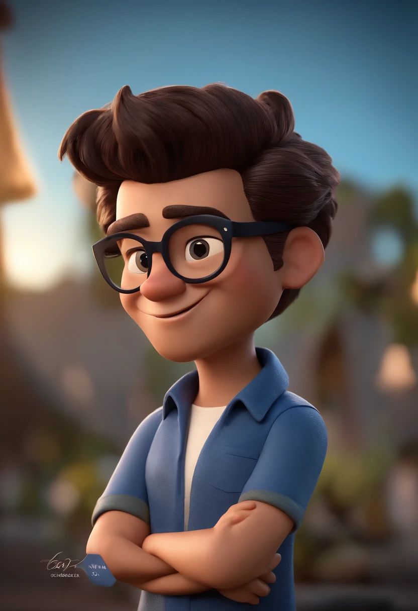 Cartoon character of a man with black glasses, cabelo cacheado marrom escuro e uma camisa azul, animation character, Caractere estilizado, animation style rendering, 3D estilizado, Arnold Maya render, 3 d render stylized, toon render keyshot, Personagem 3D, Personagem 3D, 3d rendering stylized, 3 d character render, personagem de desenho animado, Personagem de close up, Pose de personagem,  (Estilo Pixar) (master part:1.2) (Bokeh) (best quality) (pele detalhada) (textura detalhada) (8k) (argila) (Cinematic lighting) (foco nítido