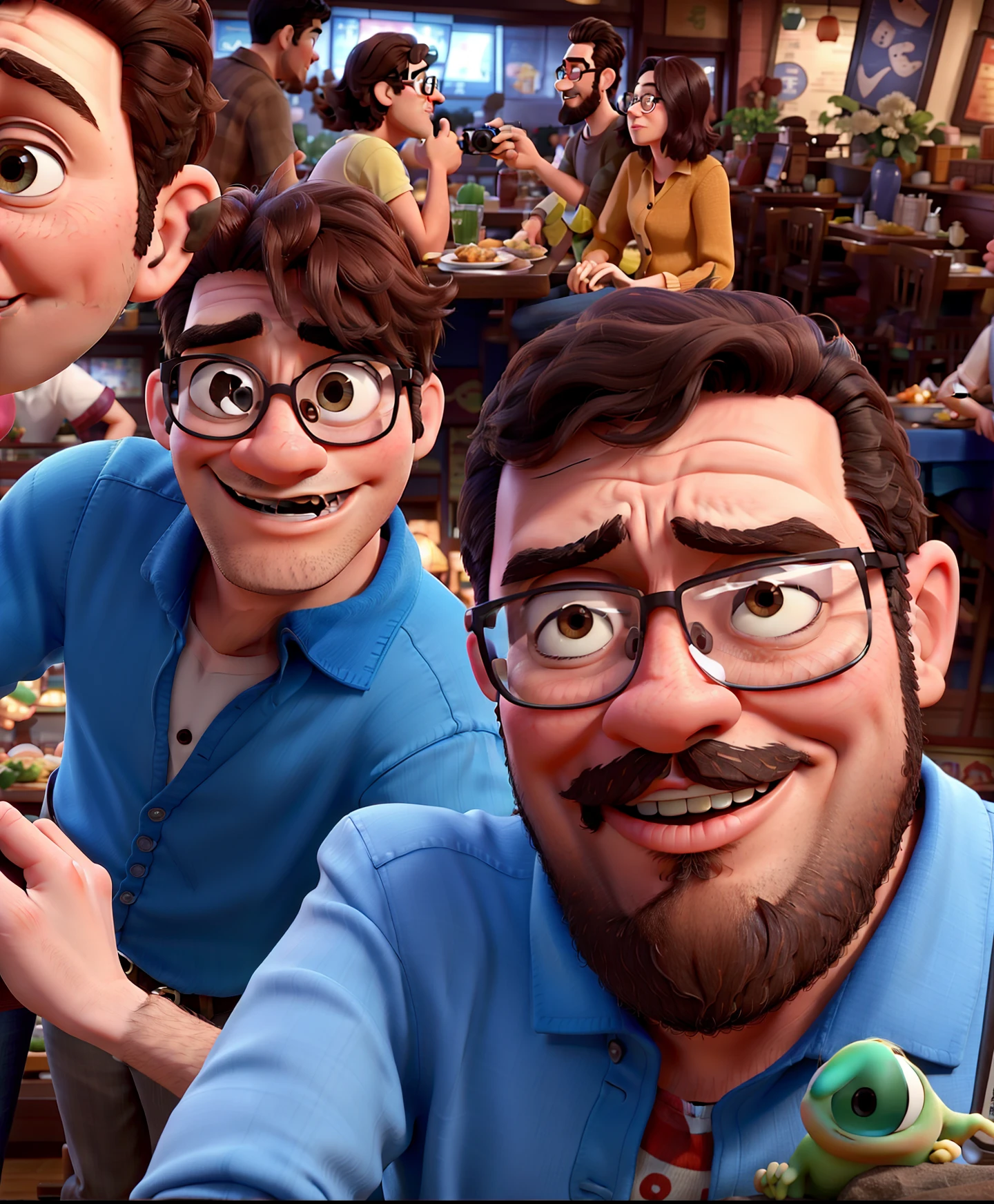 Pixar movie poster of a couple of young lovers taking a picture at the Chinese restaurant. A tem cabelos claros e olhos castanhos, o meninoigode, Beard and glasses