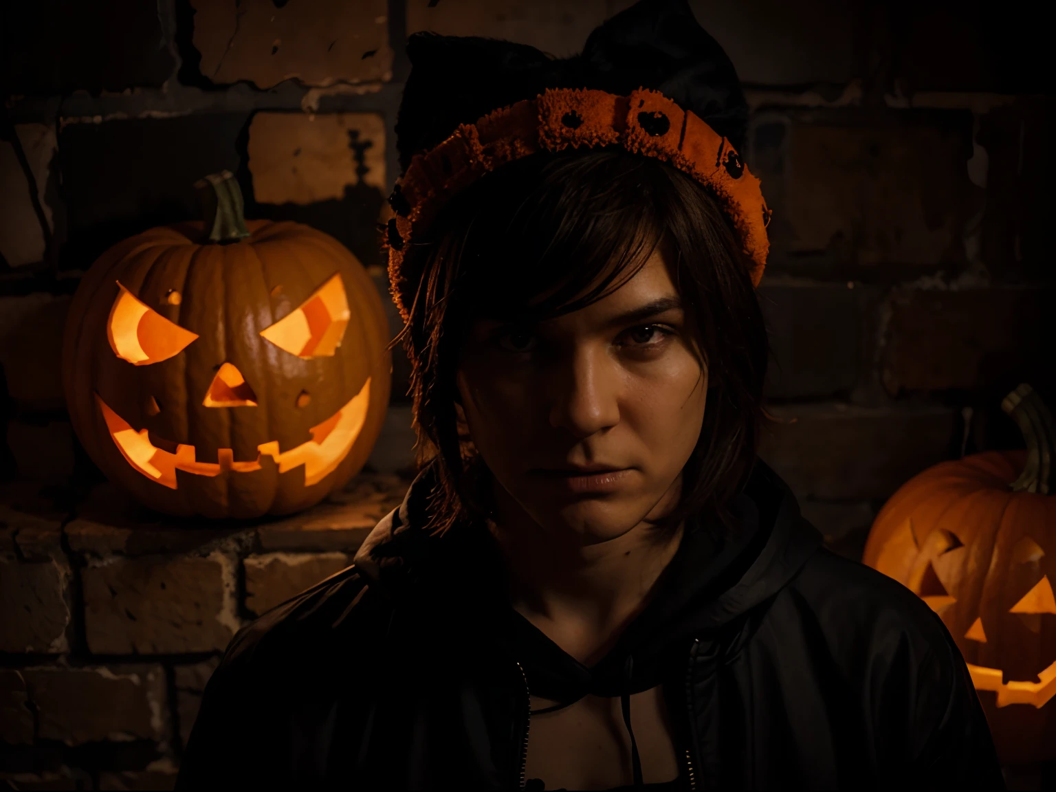 make a halloween poster for a stream called "ECJL", make it spooky, horror vibes, scary vibes, guy wearing a pumpkin on his head, raver