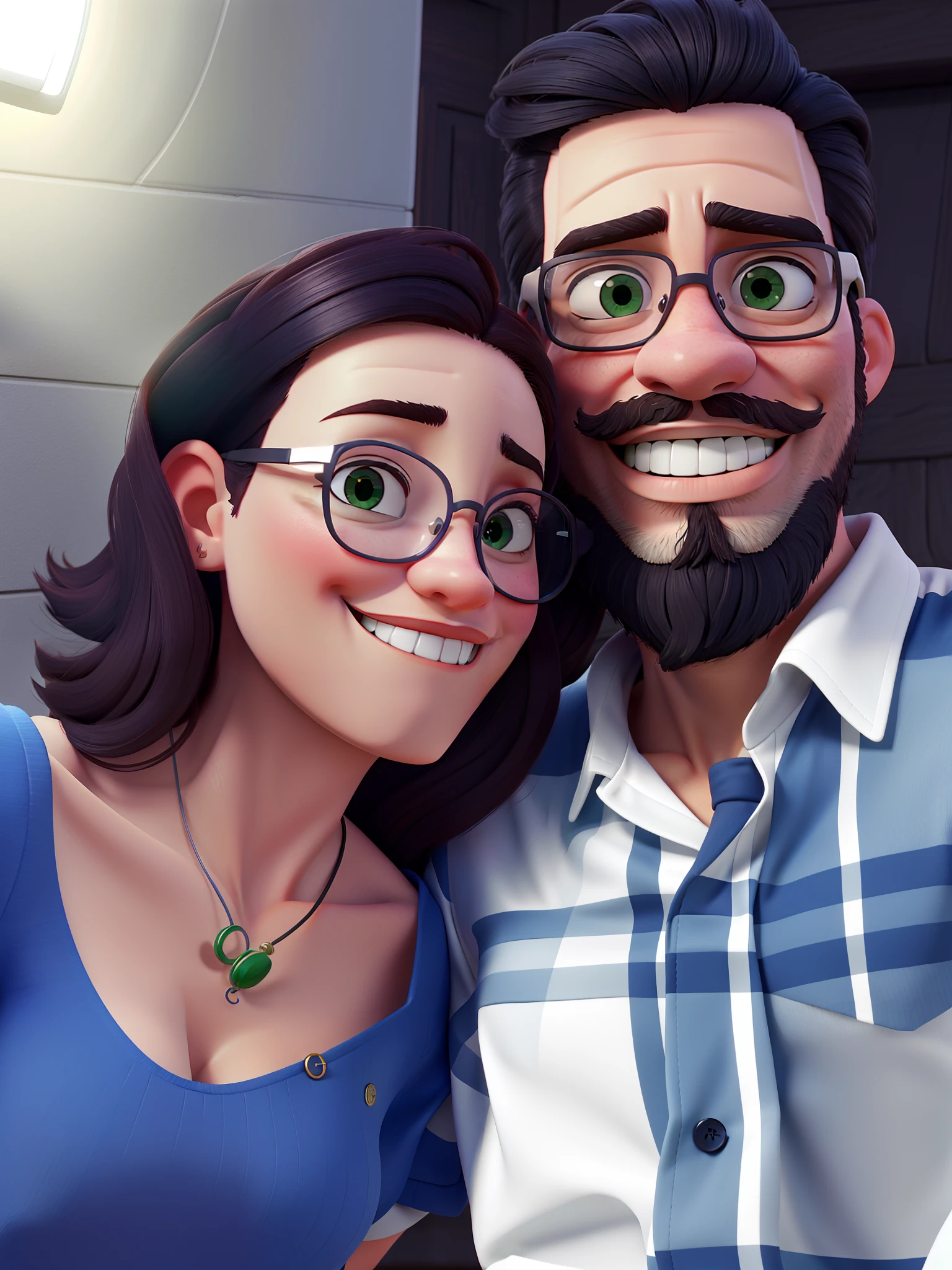 Casal, um homem moreno, de barba e cabelo baixo, com olhos castanho, Wearing glasses and white woman, loira, dos olhos verdes