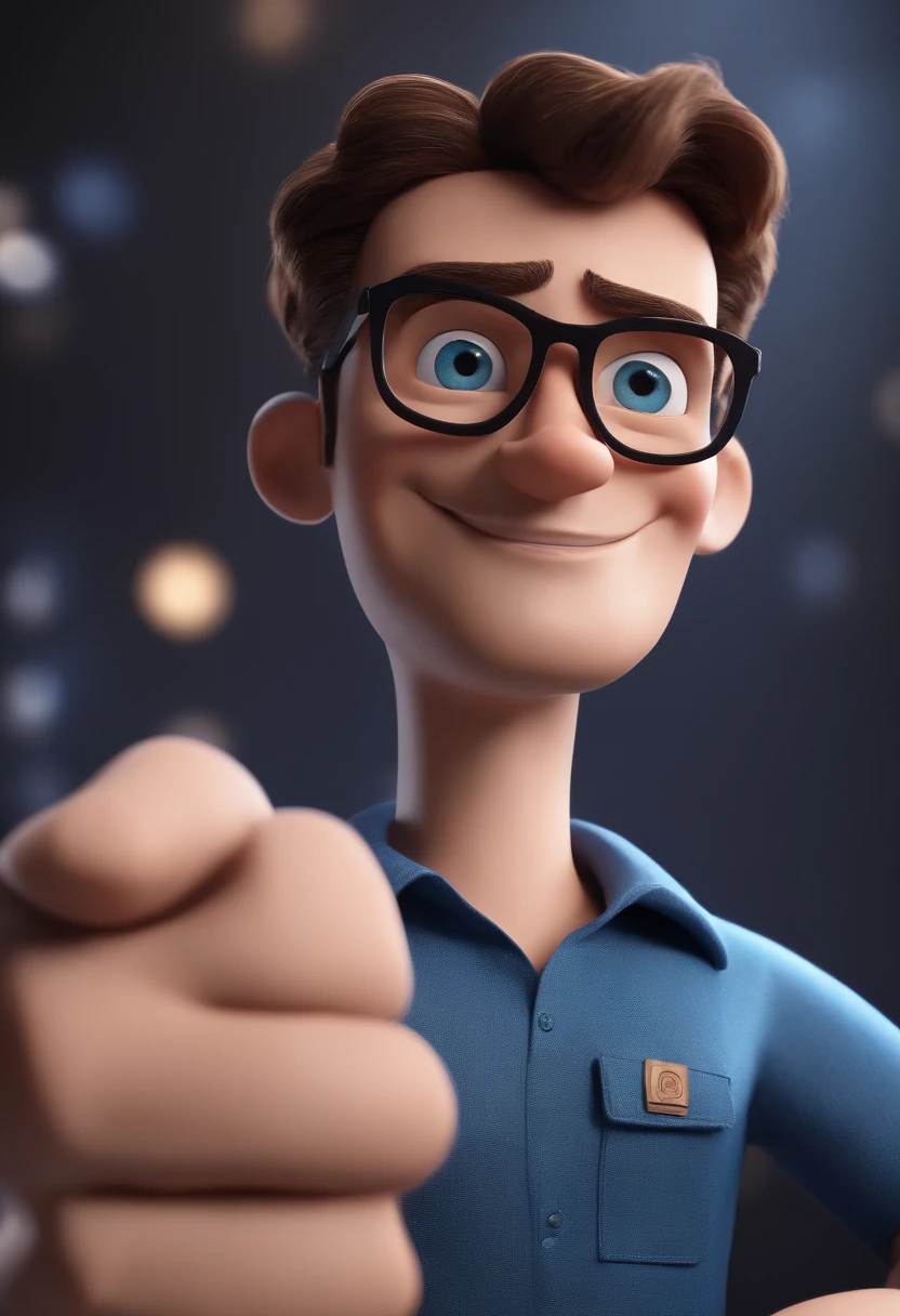 Cartoon character of a man with black glasses and a blue shirt, animation character, Caractere estilizado, animation style rendering, 3D estilizado, Arnold Maya render, 3 d render stylized, toon render keyshot, Personagem 3D, Personagem 3D, 3d rendering stylized, 3 d character render, personagem de desenho animado, Personagem de close up, Pose de personagem, (Estilo Pixar) (master part:1.2) (Bokeh) (best quality) (pele detalhada) (textura detalhada) (8k) (argila) (Cinematic lighting) (foco nítido