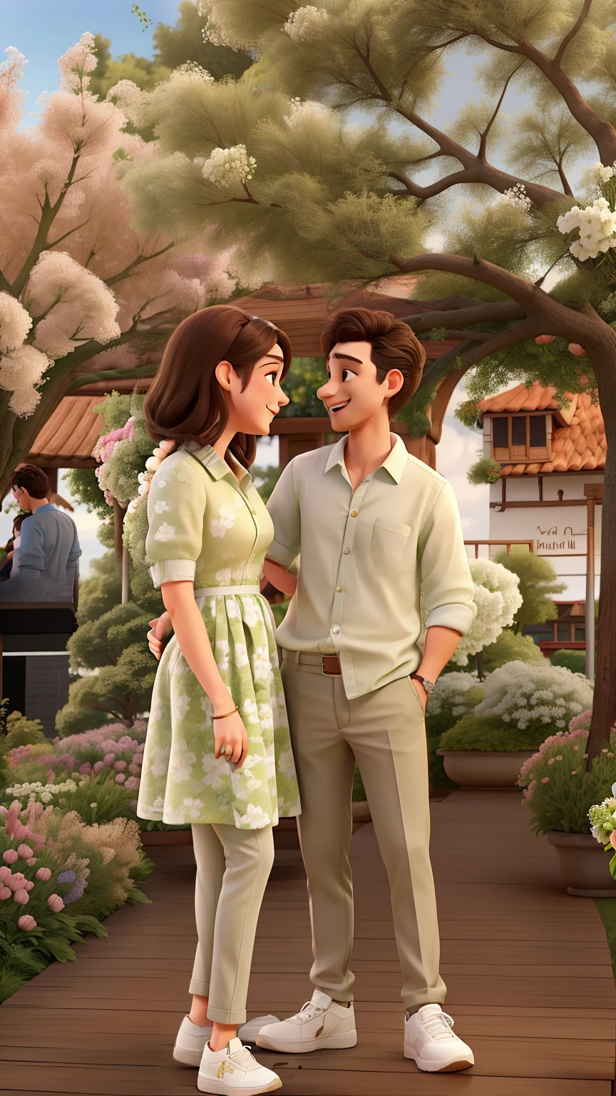 couple hugging each other laughing and looking at each other. The man is wearing a formal shirt, beige pants and white sneakers. The woman is wearing a green dress with white details. Both are on a wooden walkway with flowers on the side. In the background there are white tables and chairs, above there are branches of a tree.
