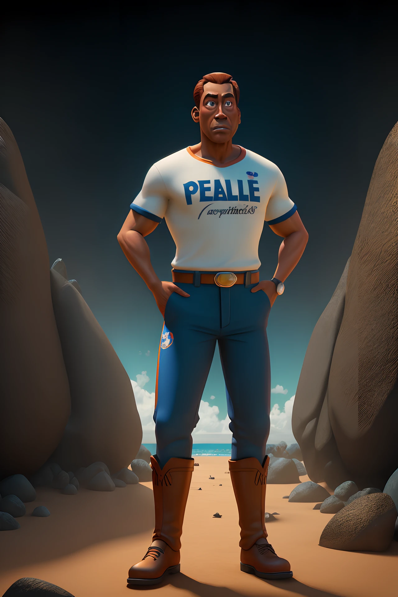 Disney Pixar style 3D poster with full body character, pele morena, cabelo curto com topete, barba, olhos castanhos e vestindo camisa preta em um show de rock