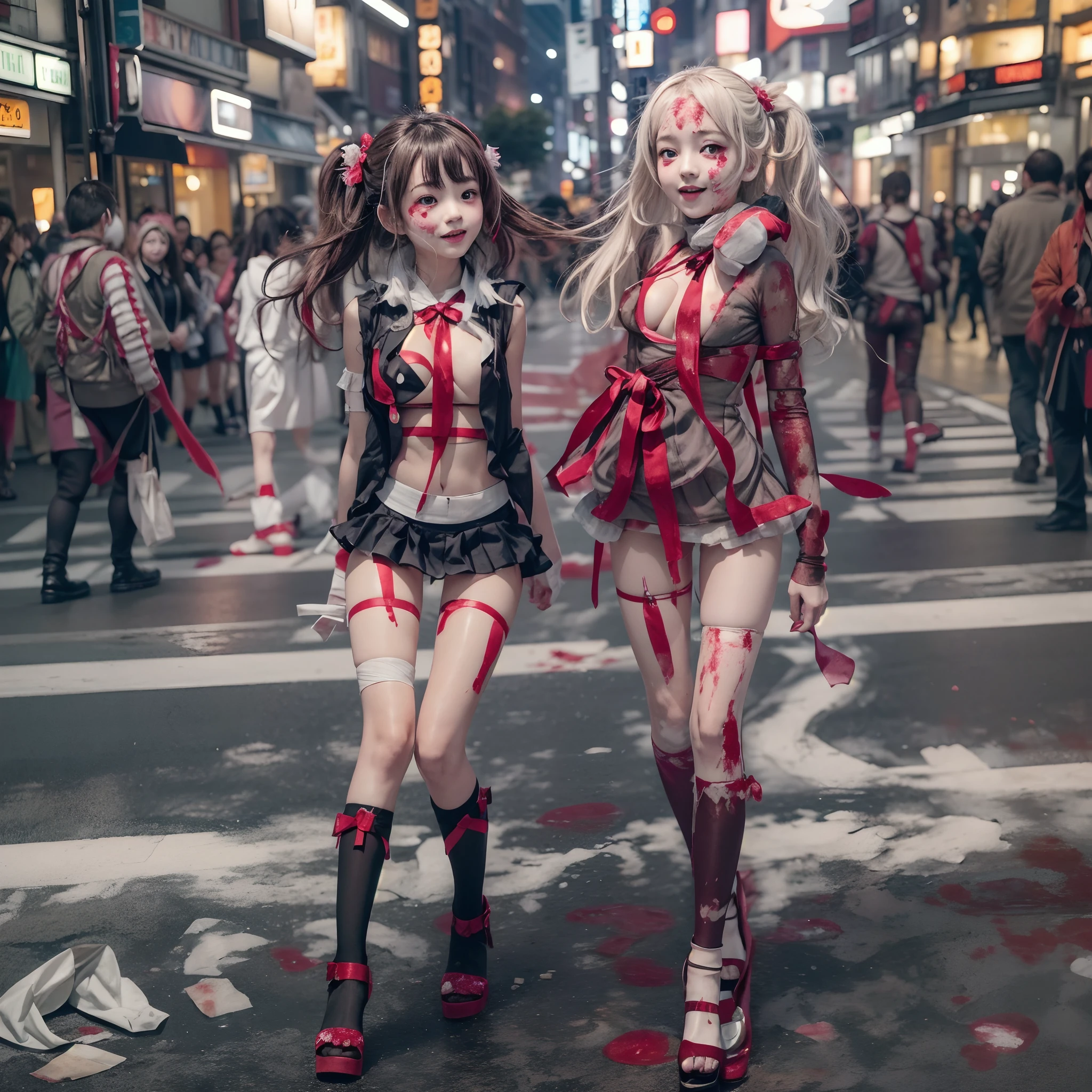 (((SFW, NSFW STILL SHOW, 12 Tiny Girls in a row:1.2, Shibuya Hachiko-mae scramble crossing on Halloween:1.2))), ((masterpiece:1.2, best quality, photorealistic:1.37)), { (Standing Full Body:1.2)|(from below:1.2) }, { bandaged full body | Cut-off Sailor Uniform }, { bandaged head | bandaged limbs | (( bleeding from pussy )) }, {((naked bandage))|metallic red nipple stickers}, {(bloody)|blood paste|(Blood-stained bandages| bloody inner thighs)}, ((Detailed KAWAII face, Detailed glistening ivory skin)), {Bustling street|Crossroads|(Passerby schoolgirls)| halloween| neon}, {(Childish:1.2|Gigantic Cleavage:1.37|Underboob:1.2)}, {Red leather high collar| Hair ornaments |shotgun|random hair colors}, {Floating hair|Strong wind|(((Ass focus, open thighs)))| flying magic | Skirtlift}, {(Kissing face to face)|:p|:d|laugh|sparkle|joyful|delighted|Drunk},extremely Detailed,
