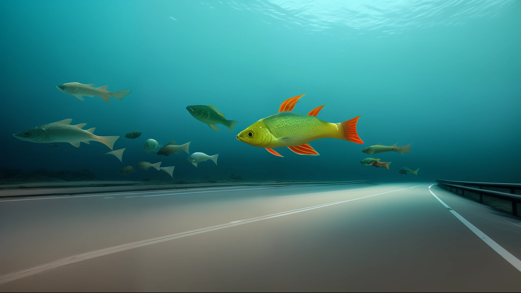 A highway underwater but glowing fish as cars
