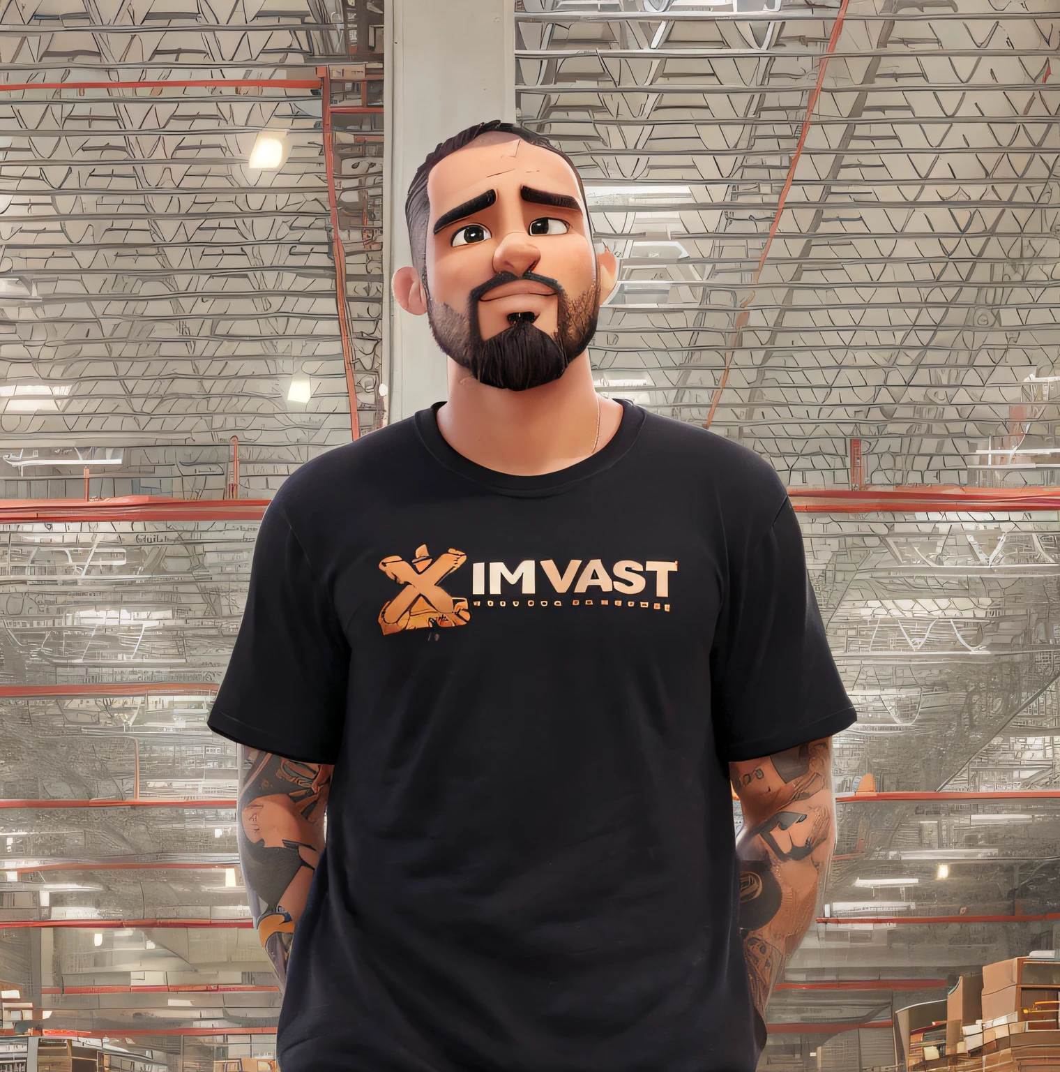 A man, with a goatee, short black hair, brown eyes, with tattooed arms, wearing a basic black t-shirt, jeans and boots, in a large warehouse, Disney Pixar style, in a warehouse, high quality, best quality