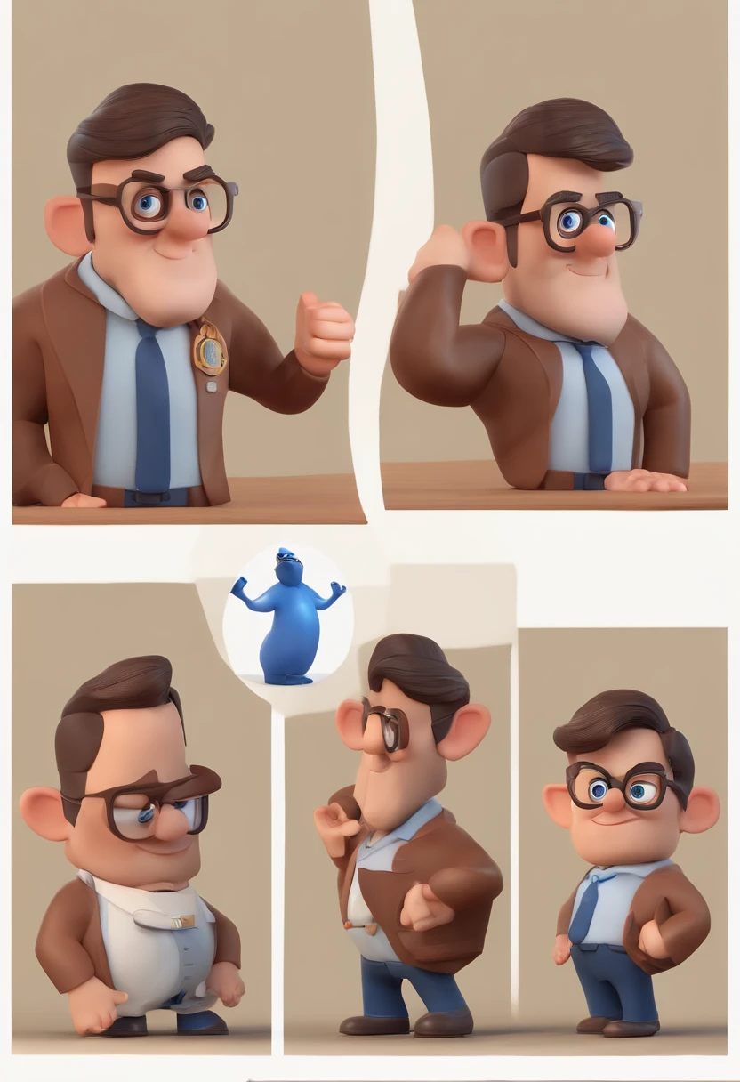 Cartoon character of a man with black glasses, cabelo cacheado marrom escuro e uma camisa azul, animation character, Caractere estilizado, animation style rendering, 3D estilizado, Arnold Maya render, 3 d render stylized, toon render keyshot, Personagem 3D, Personagem 3D, 3d rendering stylized, 3 d character render, personagem de desenho animado, Personagem de close up, Pose de personagem,  (Estilo Pixar) (master part:1.2) (Bokeh) (best quality) (pele detalhada) (textura detalhada) (8k) (argila) (Cinematic lighting) (foco nítido