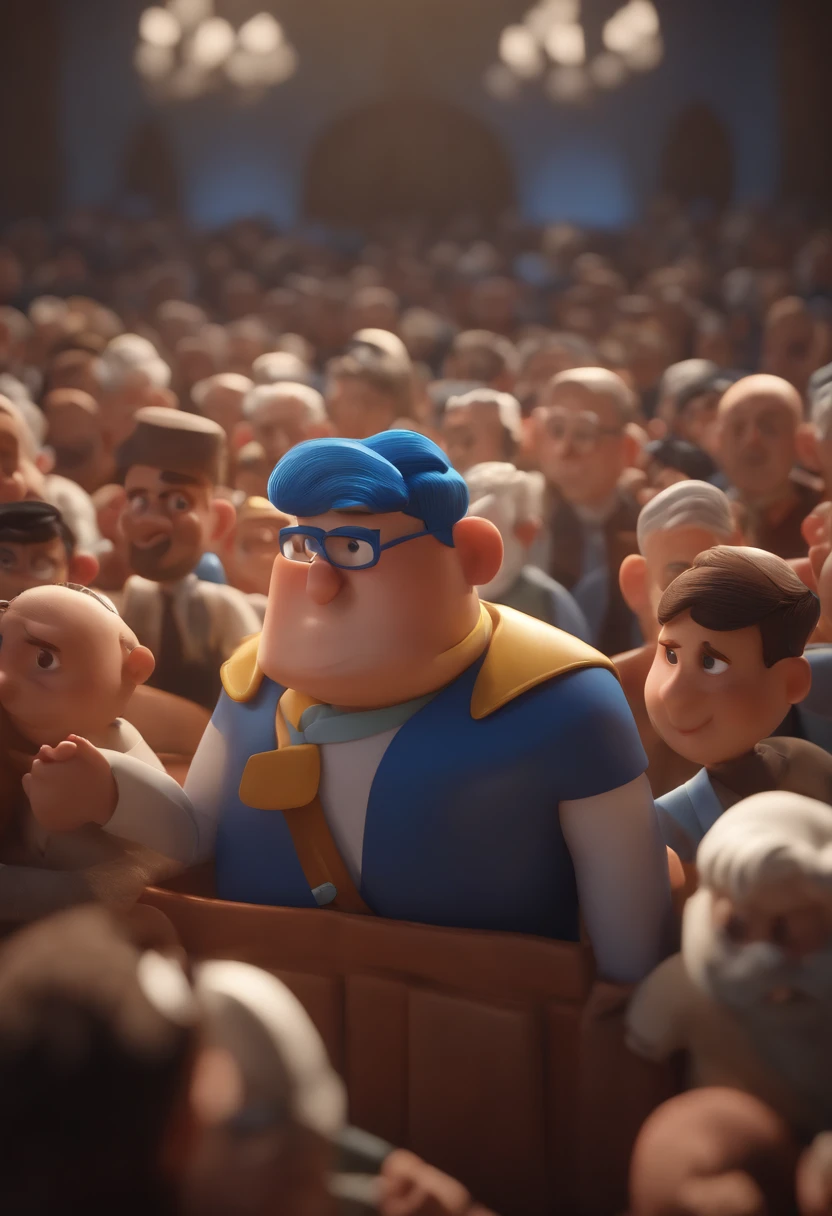 Personagem de desenho animado de um homem de cabelos brancos com 60 anos de idade e camisa azul, animation character, Caractere estilizado, animation-style rendering, 3D estilizado, render 3D estilizado, toon render keyshot, Personagem 3D, Personagem 3D, 3d rendering stylized, 3D character rendering, personagem de desenho animado, Personagem de close up, Pose de personagem, (Estilo Pixar) (parte mestre:1.2) (Bokeh) (melhor qualidade) (pele detalhada) (textura detalhada) (8k) (Argília) (cinematic lighthing) (Sharp focus araffes in a large room with a crowd of people, muitas pessoas adorando, large crowd, audience in the background, in a large hall, Room is full of people, pessoas apreciando o show, grand hall, grand hall, enthusiastic crowd, Crowds of people praying, Huge crowd, vista completa da sala, muitas pessoas, massive crowd, large crowd