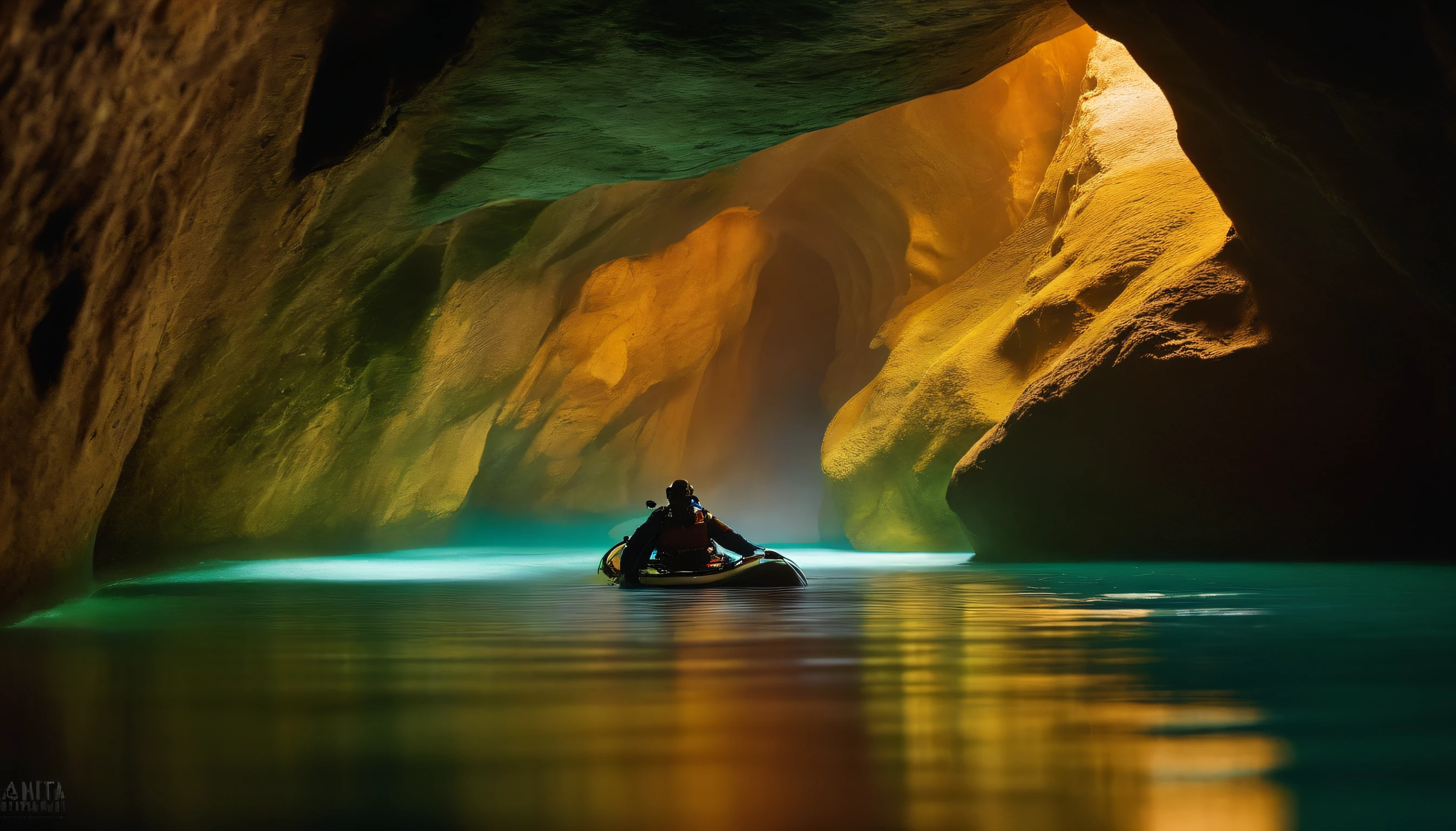 A human trying to go through a very narrow submerged passage in a cave. He's underwater, wearing scubadiving clothes during a rescue mission